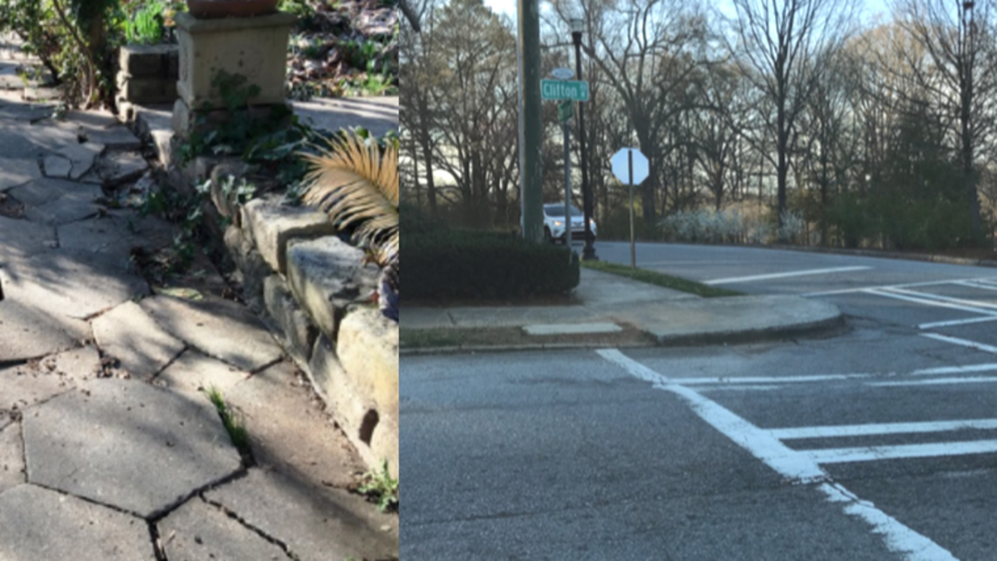 Photo exhibits from the lawsuit. On left, broken pavement on a Dixie Avenue sidewalk. On right, a missing ramp on the curb at Clifton Road and Ponce de Leon Avenue.