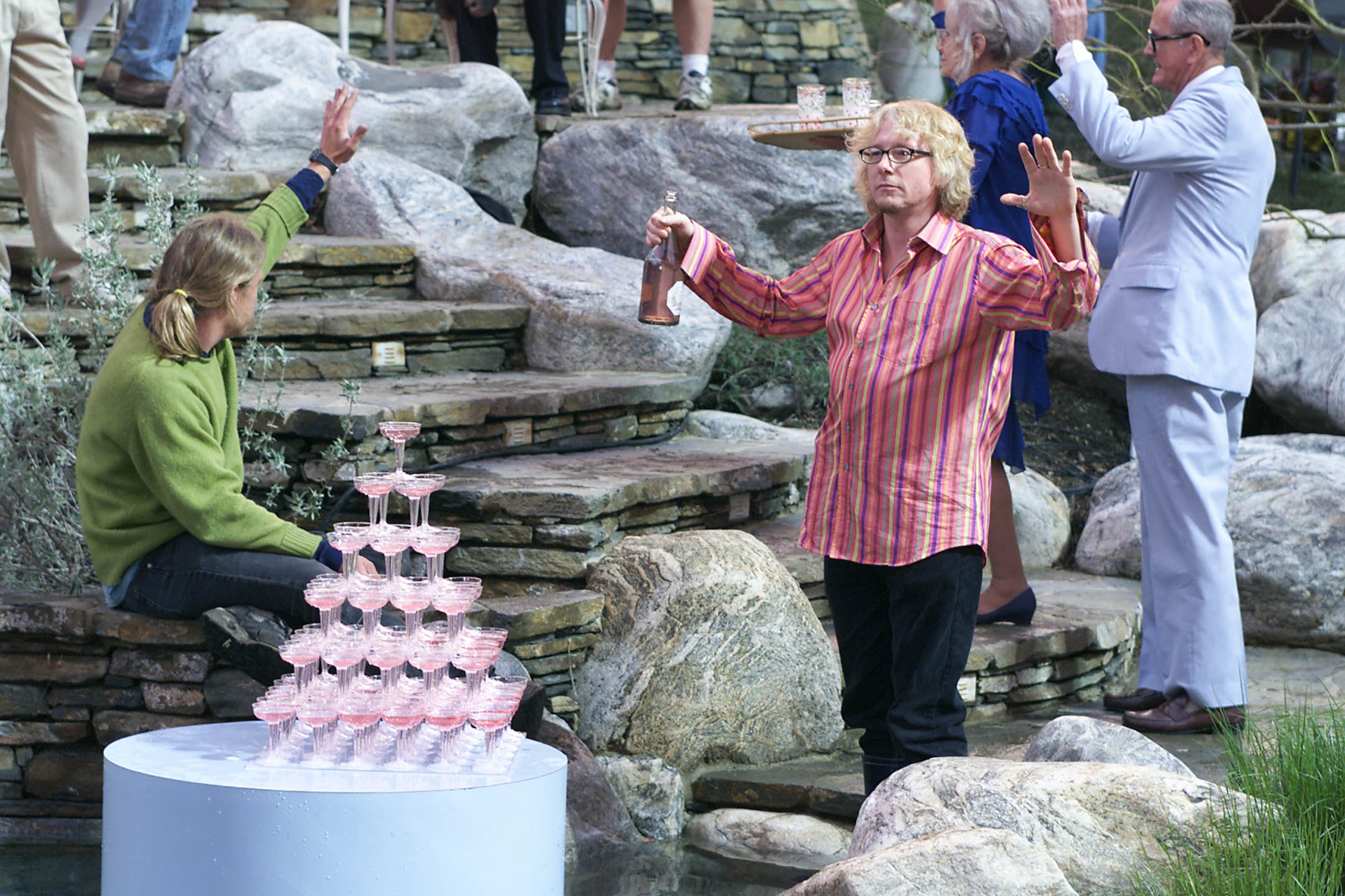 REM bassist Mike Mills during filming of the video for their new single 'Imitation of Life' in Calbasas, California, 2/28/01. The video is directed by Garth Jennings.
