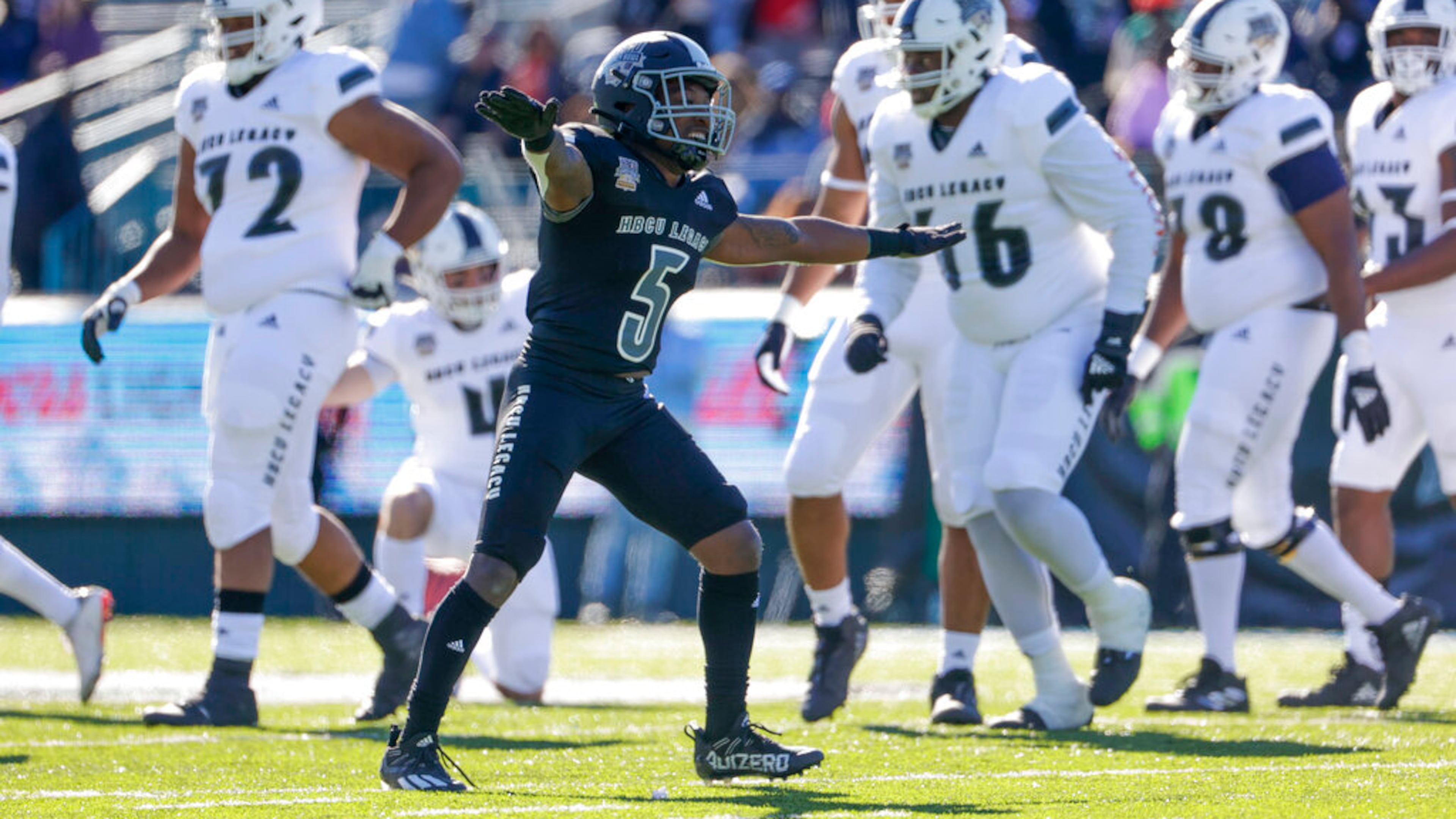 Team Robinson defensive back Coemba Jones Jr. (5), of Albany State, reacts after a missed field goal-attempt by Team Gaither during the first half of the HBCU Legacy Bowl NCAA college football game in New Orleans, Saturday, Feb. 19, 2022. (Derick Hingle/AP)