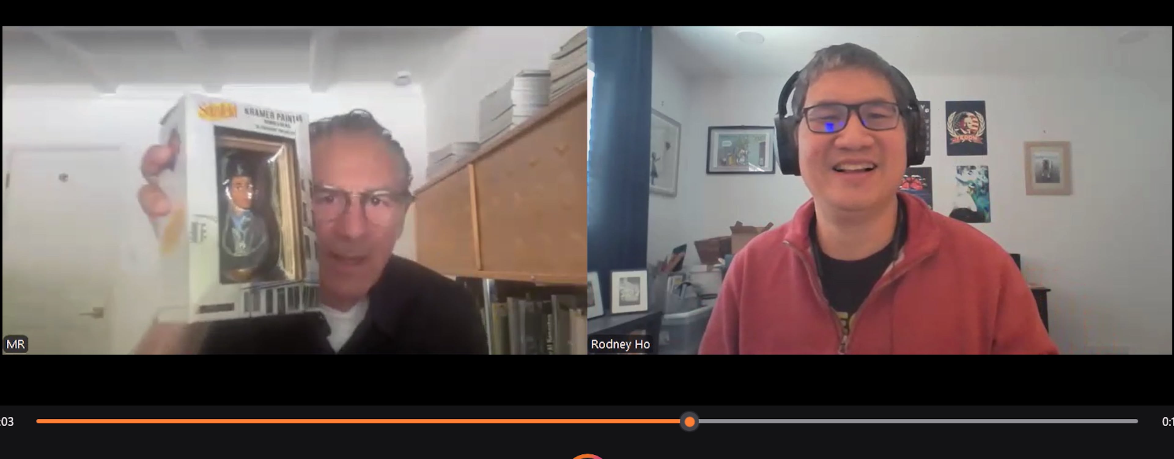 In a Zoom call in January, 2026, Rodney Ho interviews "Seinfeld" star Michael Richards, who shows off a new Kramer bobblehead before his Q&A and storytelling session at Center Stage in Atlanta Feb. 17, 2026. RODNEY HO/AJC