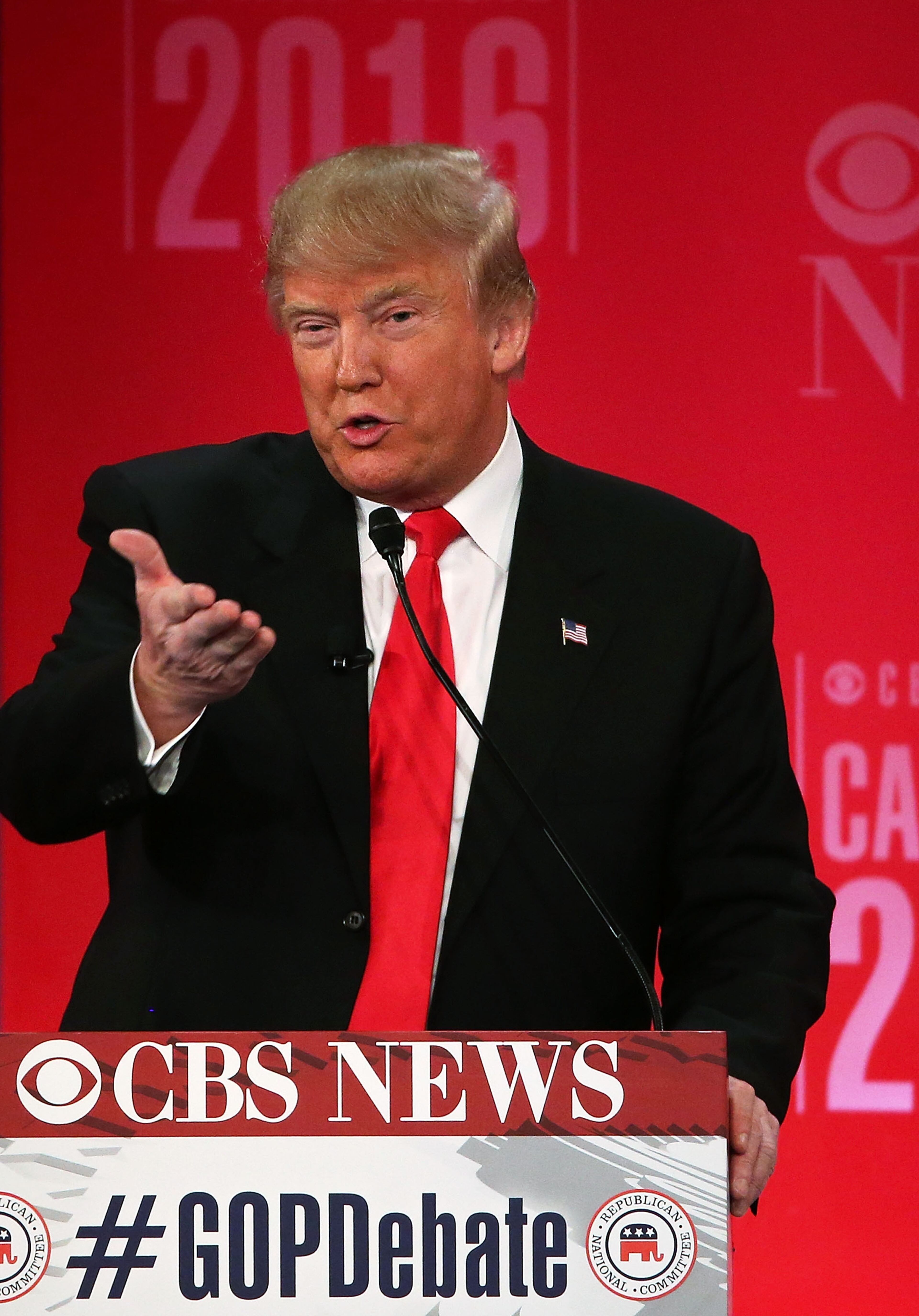 Republican presidential candidate Donald Trump participates in a CBS News GOP Debate February 13, 2016 at the Peace Center in Greenville, South Carolina. Residents of South Carolina will vote for the Republican candidate at the primary on February 20. (Photo by Spencer Platt/Getty Images)