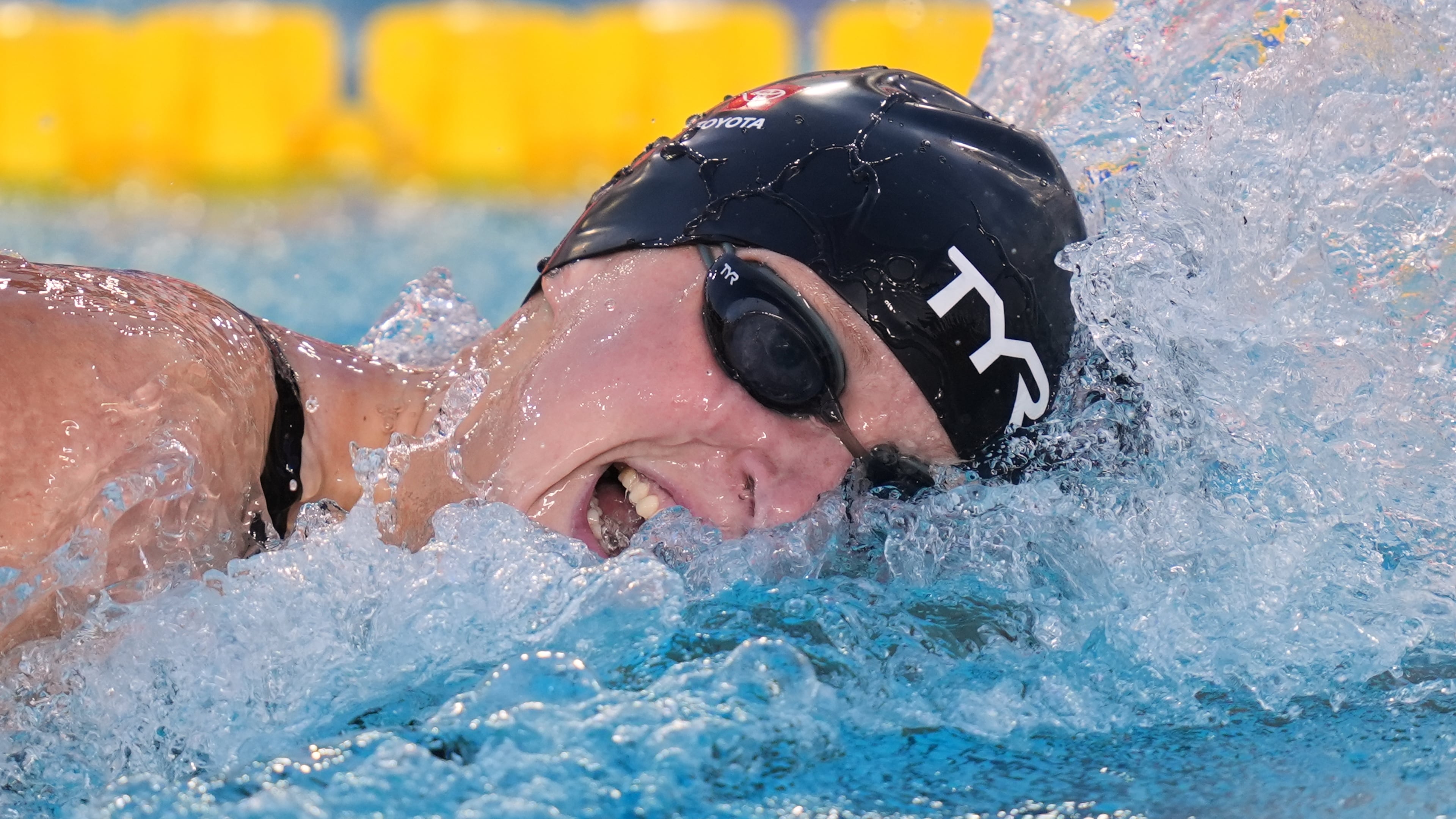 Katie Ledecky, of the United States, competes in the women's 400 meters freestlye final at the Pan Pacific Swimming Championships Friday, Aug. 14, 2026 in Irvine, Calif. (AP Photo/Gregory Bull)