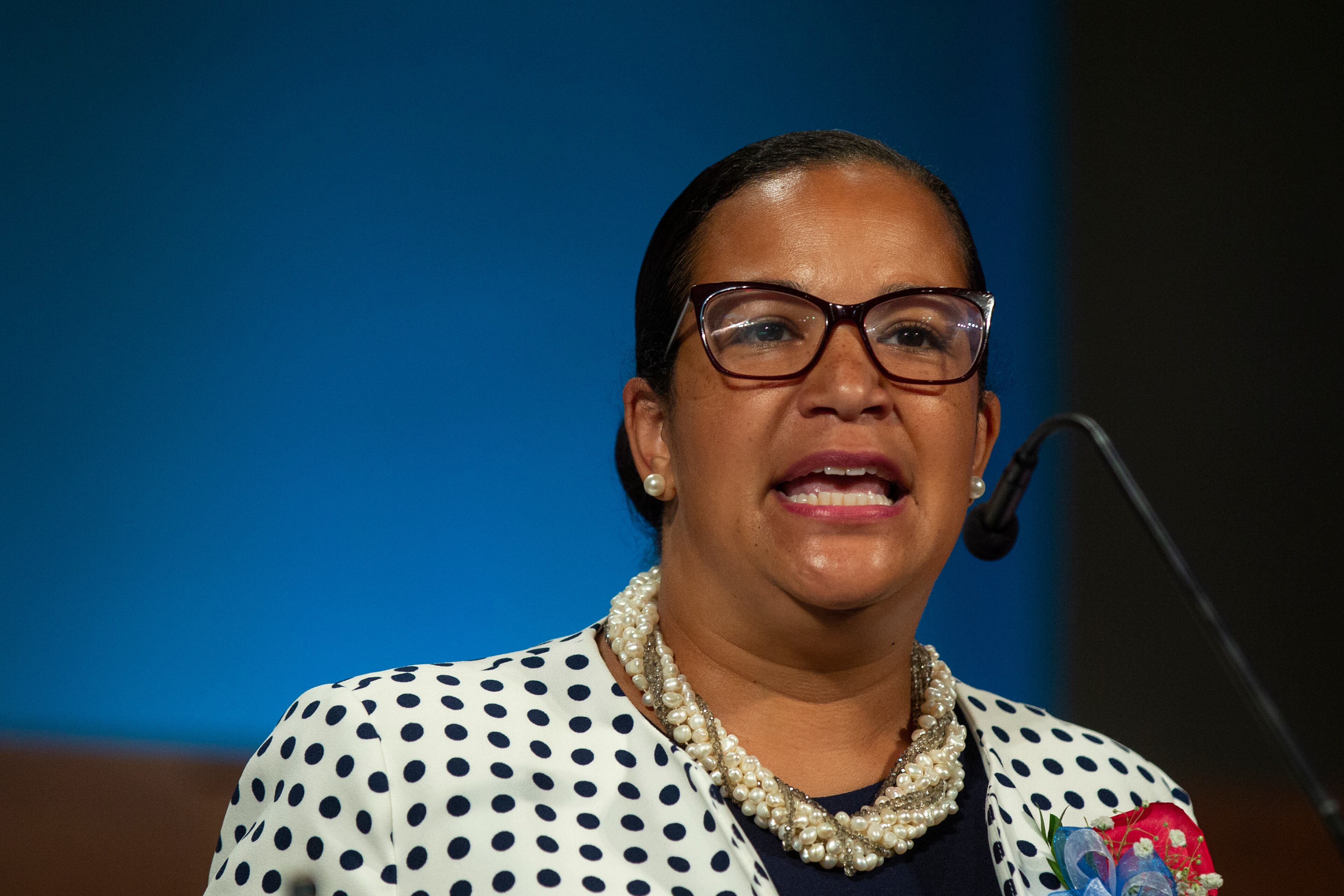 Cheryl Watson-Harris speaks at her installment ceremony as superintendent of the DeKalb County School District on July 1, 2020. Last week, four members of the Board of Education united to fire her.(Rebecca Wright for The Atlanta Journal-Constitution)