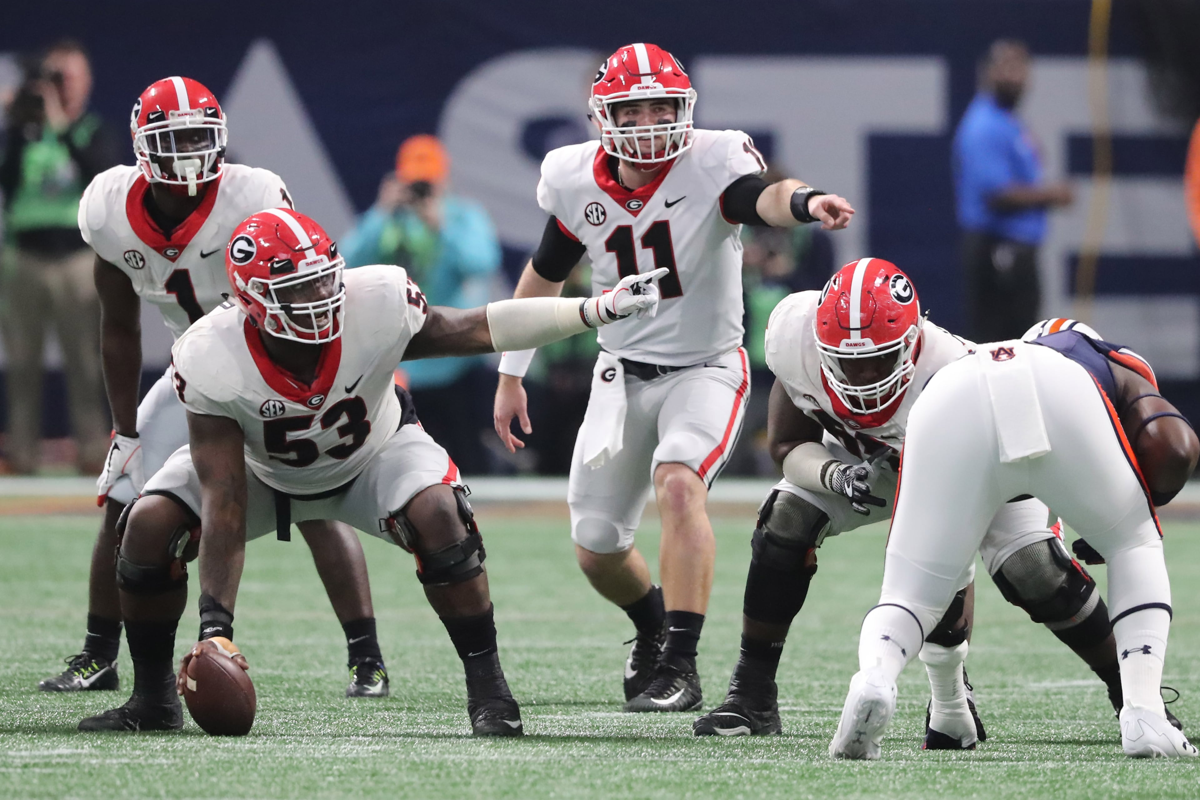 December 2, 2017 Atlanta: Georgia Bulldogs quarterback Jake Fromm (11) calls an audible against the Auburn Tigers during the first half of the SEC Football Championship at Mercedes-Benz Stadium, December 2, 2017, in Atlanta. Curtis Compton / ccompton@ajc.com