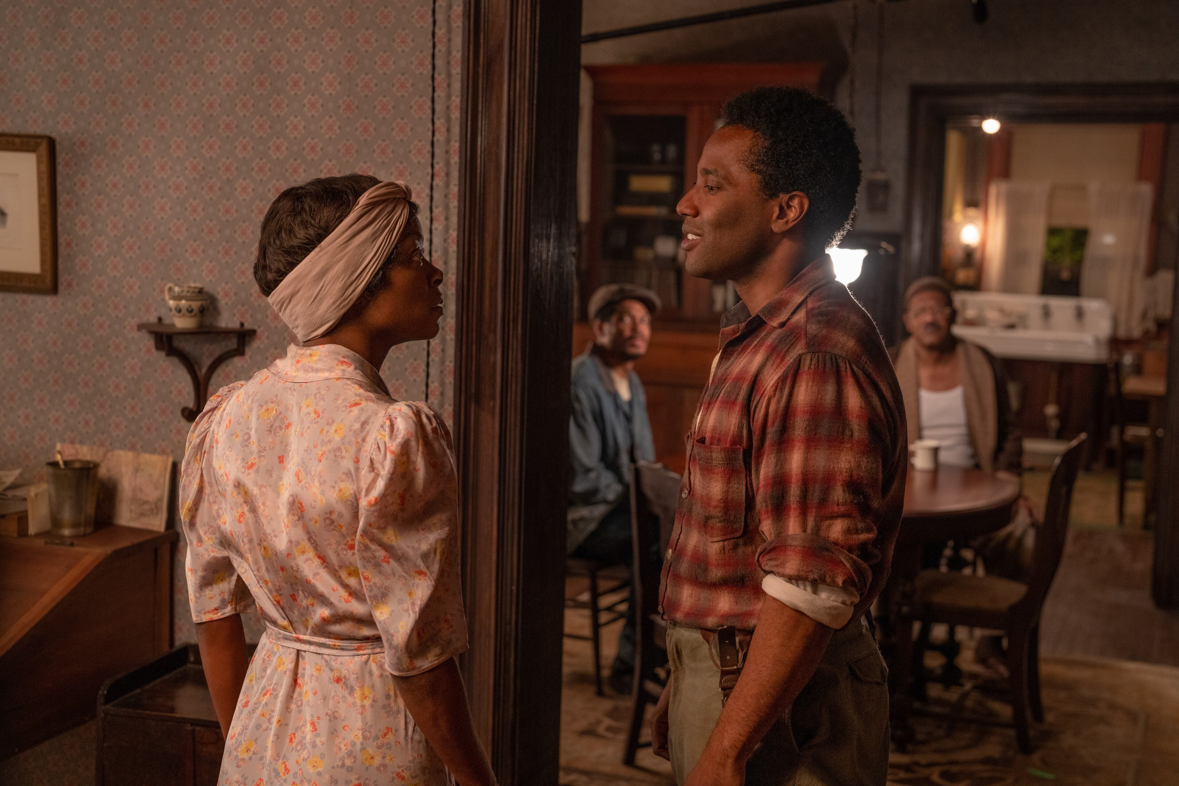 "The Piano Lesson" starred (L-R) Danielle Deadwyler as Berniece and John David Washington as Boy Willie. Cr. David Lee/Netflix © 2024
