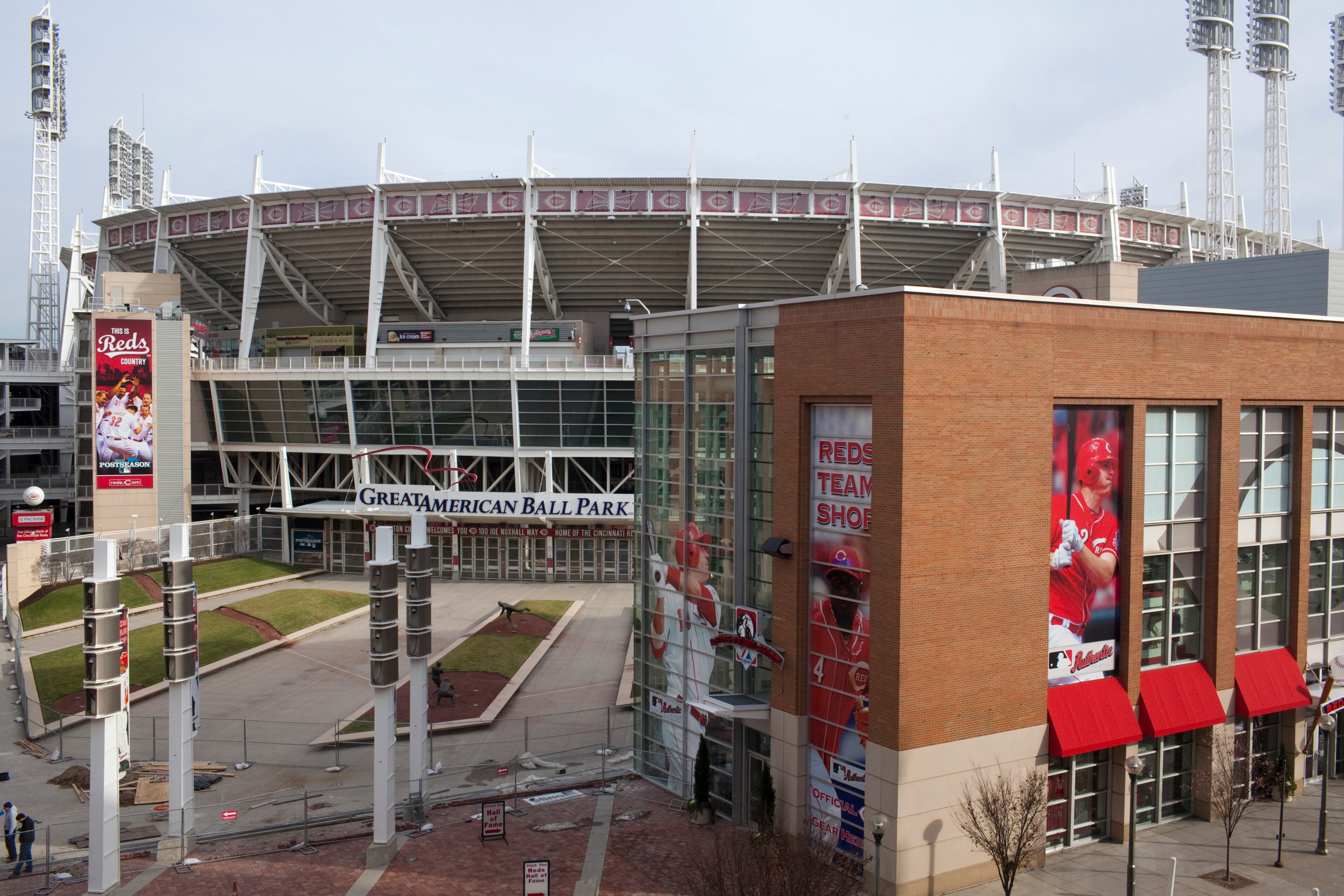 A studio apartment at the Current At The Banks offers views of Great American Ball Park. This upscale urban apartment complex has 300 apartments.