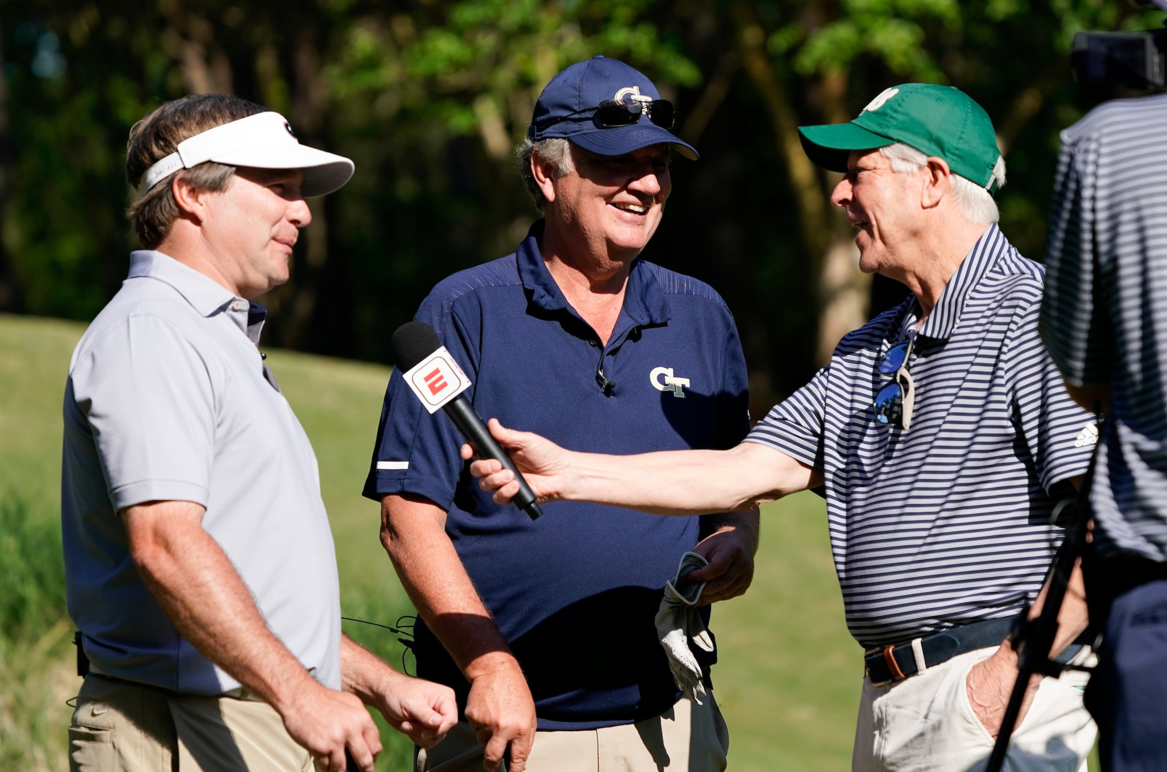 Georgia head football football coach Kirby Smart and Former Georgia Tech head football coach Paul Johnson during the Chick-fil-A Peach Bowl Challenge at the Ritz Carlton Reynolds, Lake Oconee, on Tuesday, April 30, 2019, in Greensboro, GA. (Paul Abell via Abell Images for Chick-fil-A Peach Bowl Challenge)