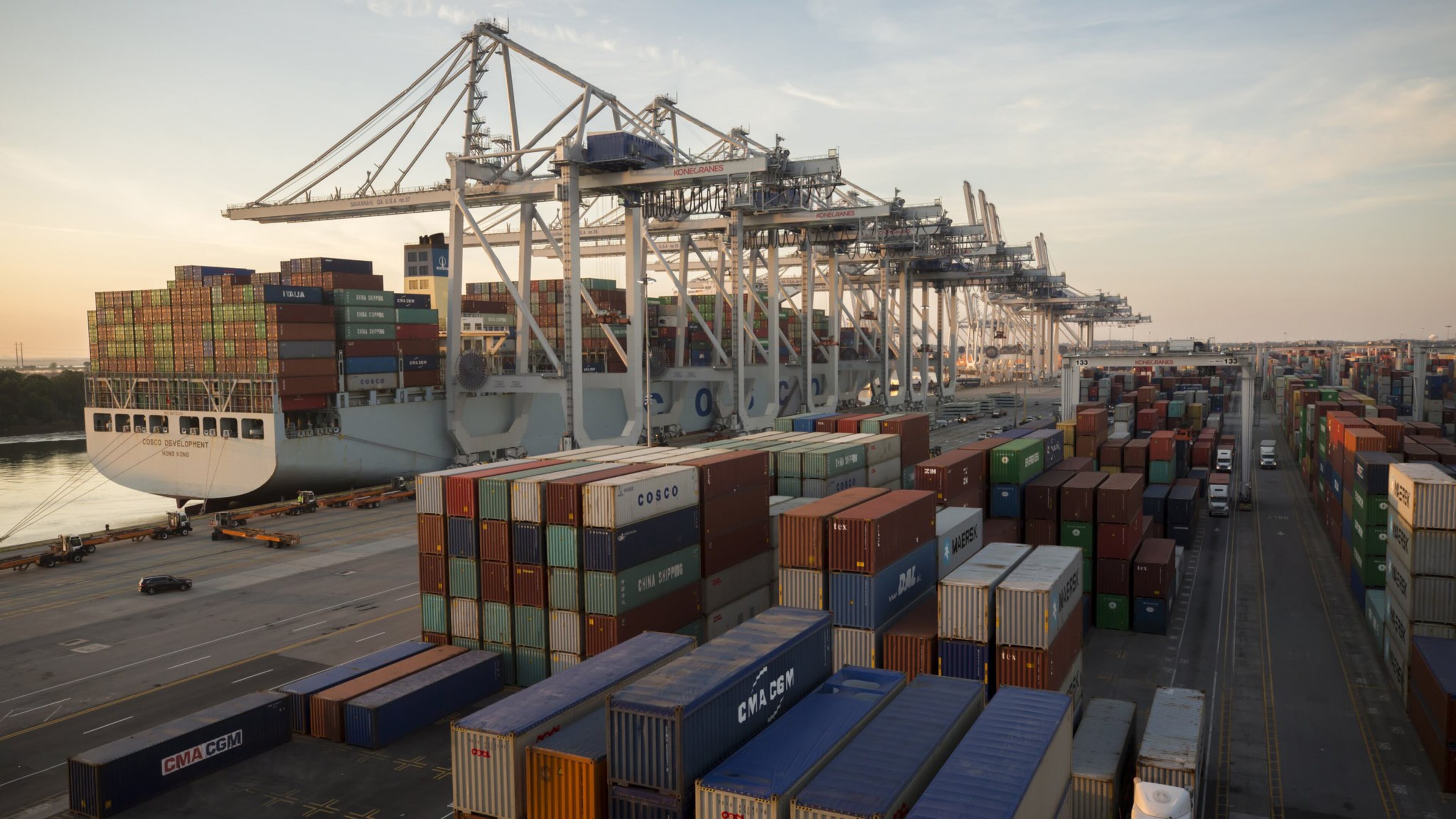 In this photo provided by the Georgia Port Authority, six Georgia
Ports Authority cranes work the container ship Cosco Development at
the Port of Savannah on May 12 in Garden City. The ship is the
largest vessel ever to call on the U.S. East Coast. (AP
Photo/Georgia Port Authority, Stephen Morton)
