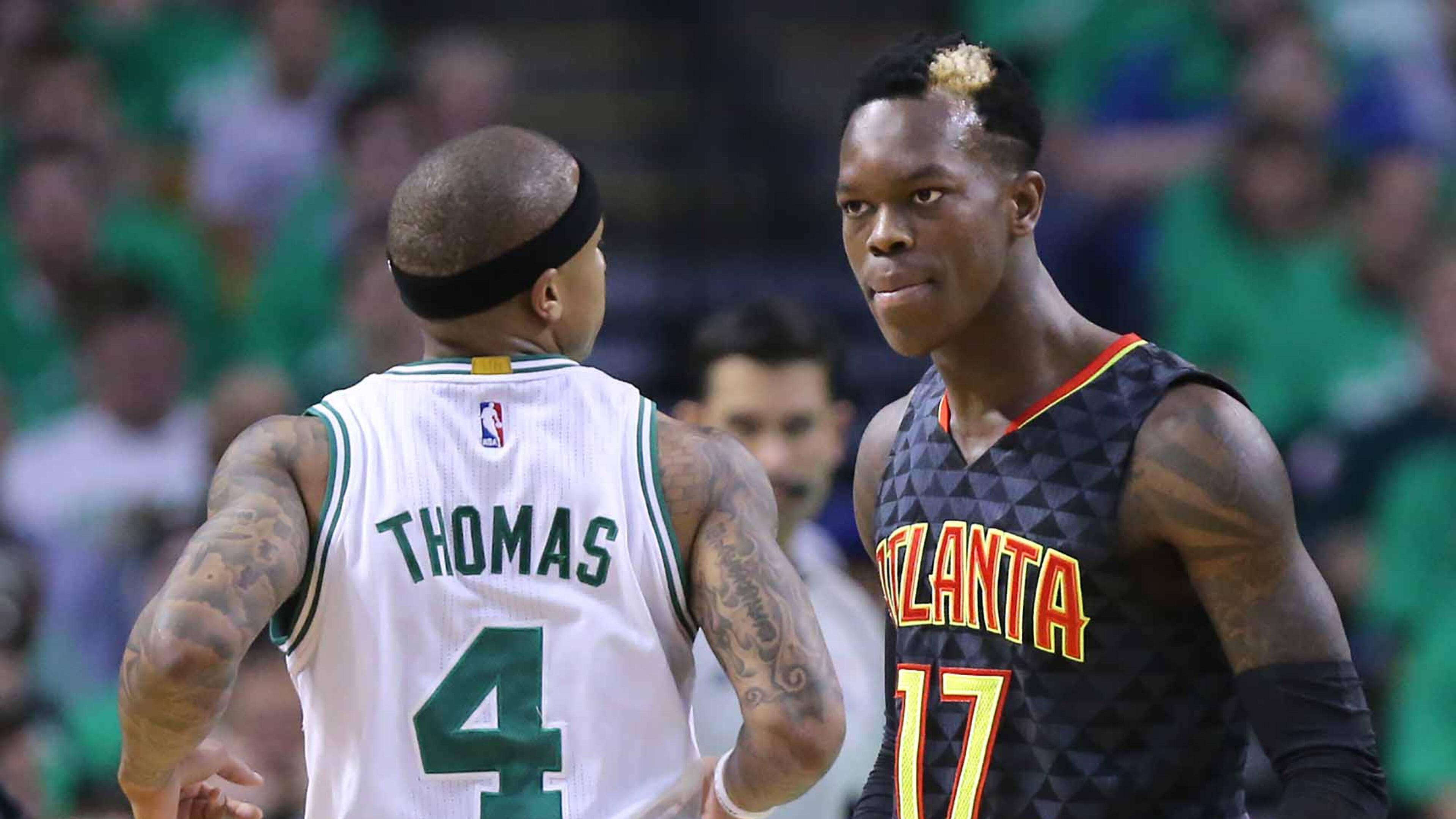 Celtics guard Isaiah Thomas and Hawks guard Dennis Schroder are both called for technical fouls as they get into a scuffle during the first half in their NBA Eastern Conference first round playoff basketball game at TD Garden on Friday, April 22, 2016, in Boston. Curtis Compton / ccompton@ajc.comon