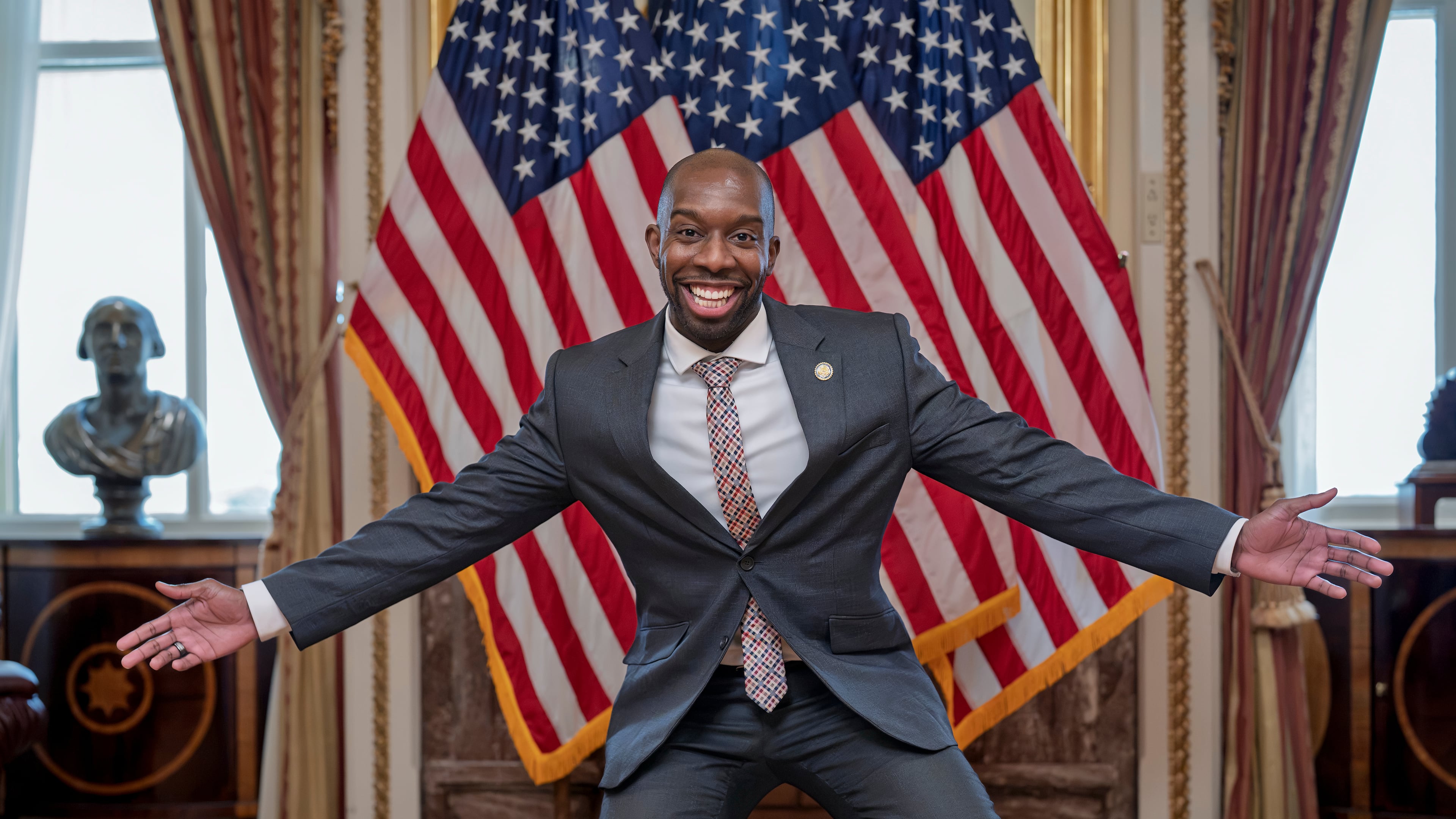 After being sworn in on the floor of the House of Representatives, Rep. Everton Blair, D-Ga., who won a special election to replace the late Georgia Rep. David Scott, celebrates at the Capitol in Washington, Tuesday, Sept. 1, 2026. (J. Scott Applewhite/AP)