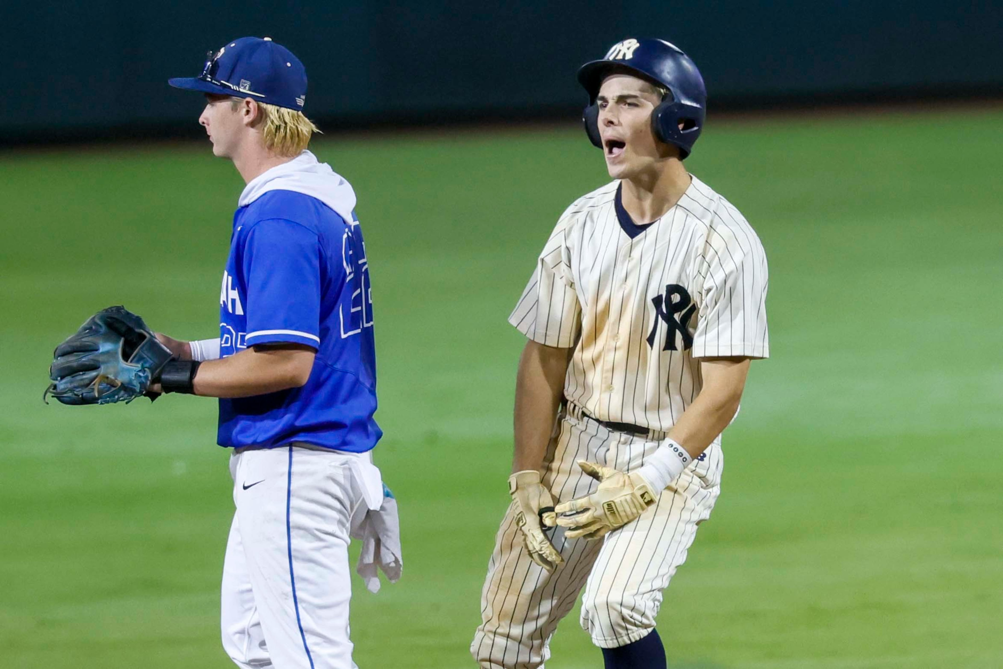 North Paulding Wolfpack utility player Wesley Moering reacts after his double during the first inning of game 1 of the Class 6A GHSA baseball finals at Gwinnett Field on Tuesday, May 26, 2026, in Lawrenceville, Ga. (Miguel Martinez/AJC)