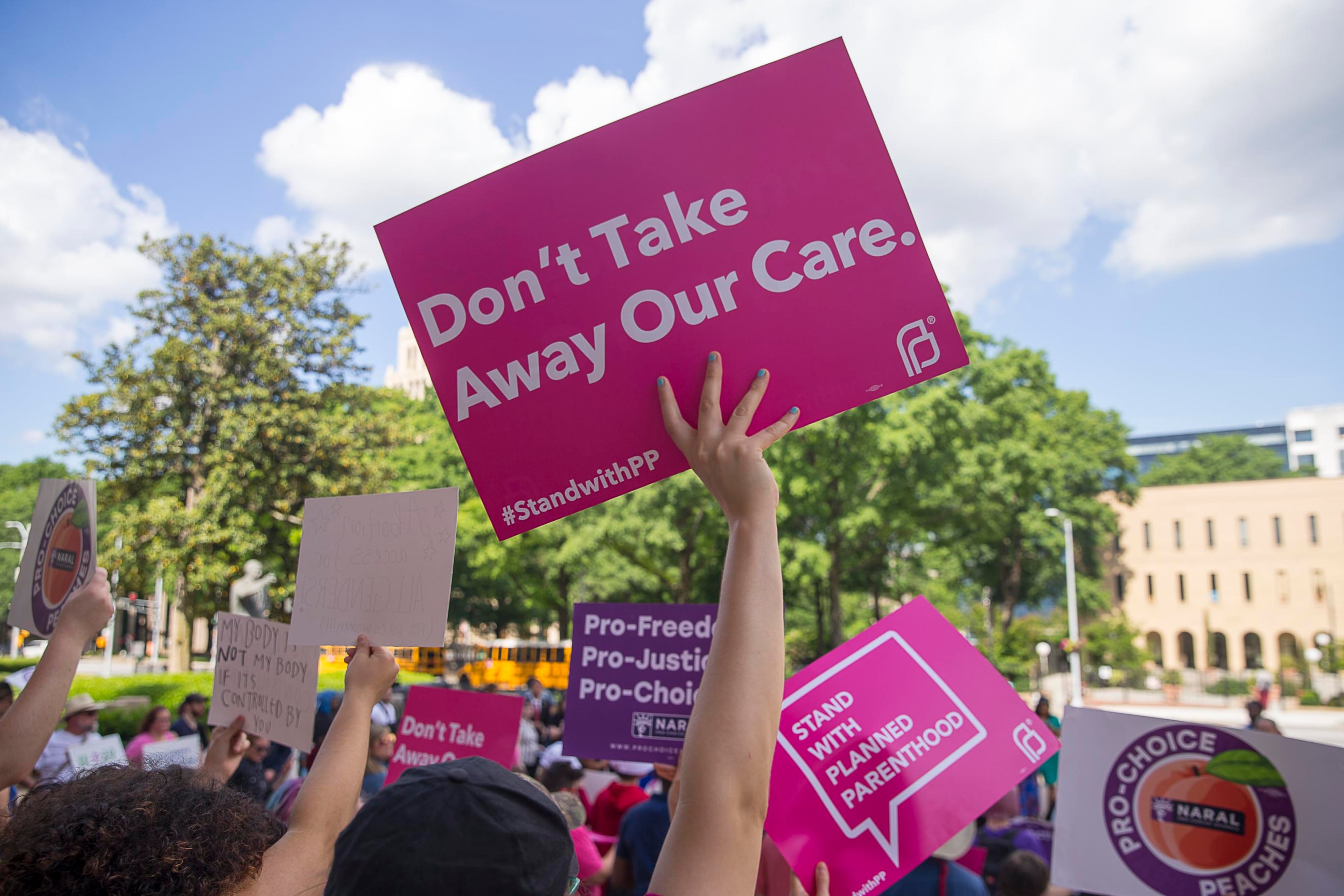 05/07/2019 -- Atlanta, Georgia -- Anti-Abortion protestors rally outside of the Georgia State Capitol building following the signing of HB 481 in Atlanta, Tuesday, May 7, 2019. Georgia Governor Brian Kemp signed the bill, surrounded by supporters and Georgia lawmakers, in his office Tuesday morning. (ALYSSA POINTER/ALYSSA.POINTER@AJC.COM)