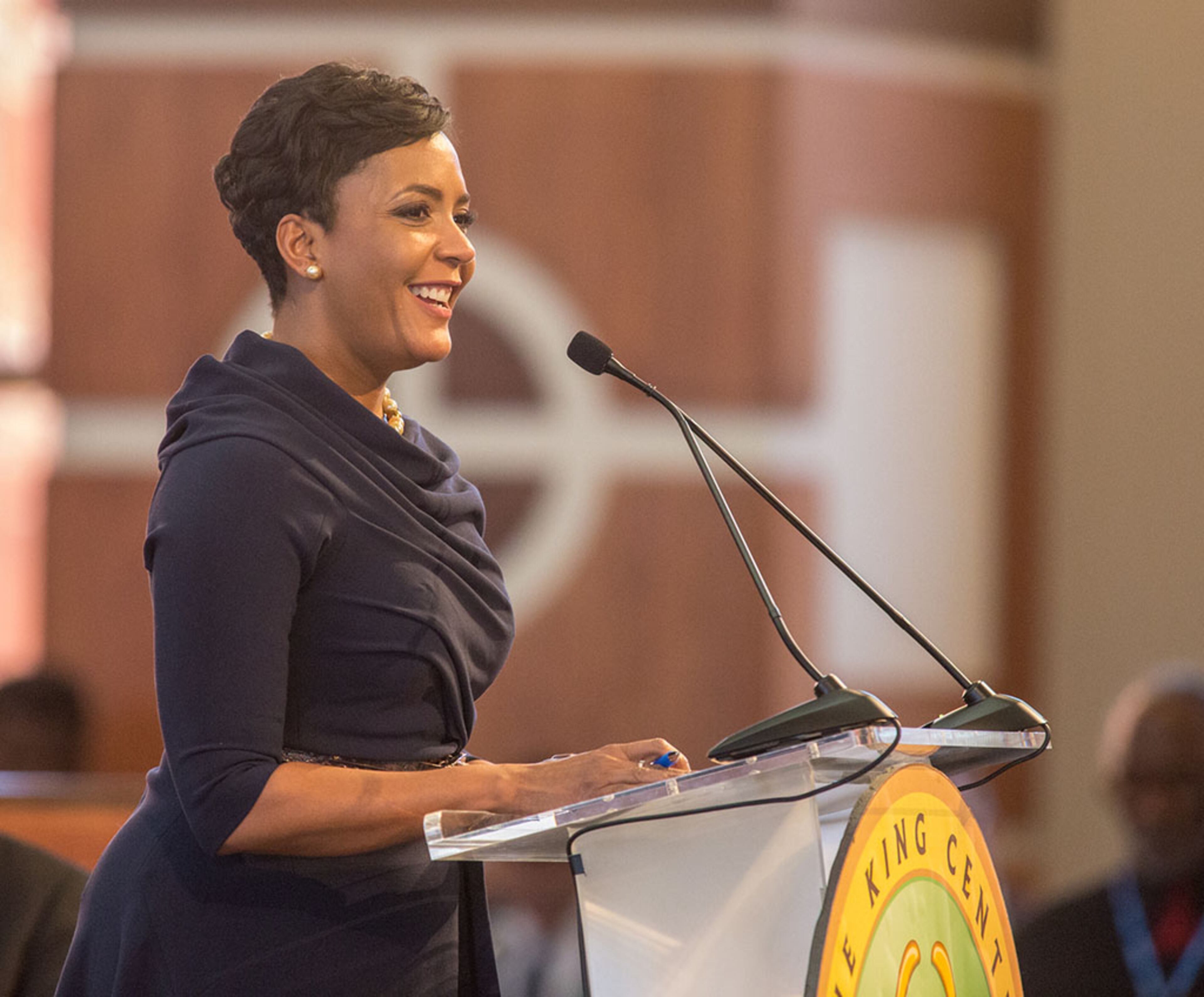 Newly elected Atlanta Mayor Keisha Lance Bottoms spoke during the Martin Luther King, Jr. Annual Ecumenical Commemorative Service at Ebenezer Baptist Church located near The King Center in Atlanta on January 15th, 2018. The theme of the 2018 Observance was 'King:His Voice, His Teachings and His Love for Humanity. The Keynote Speaker was Dr. Bernice A. King - CEO, The King Center. (Photo by Phil Skinner)