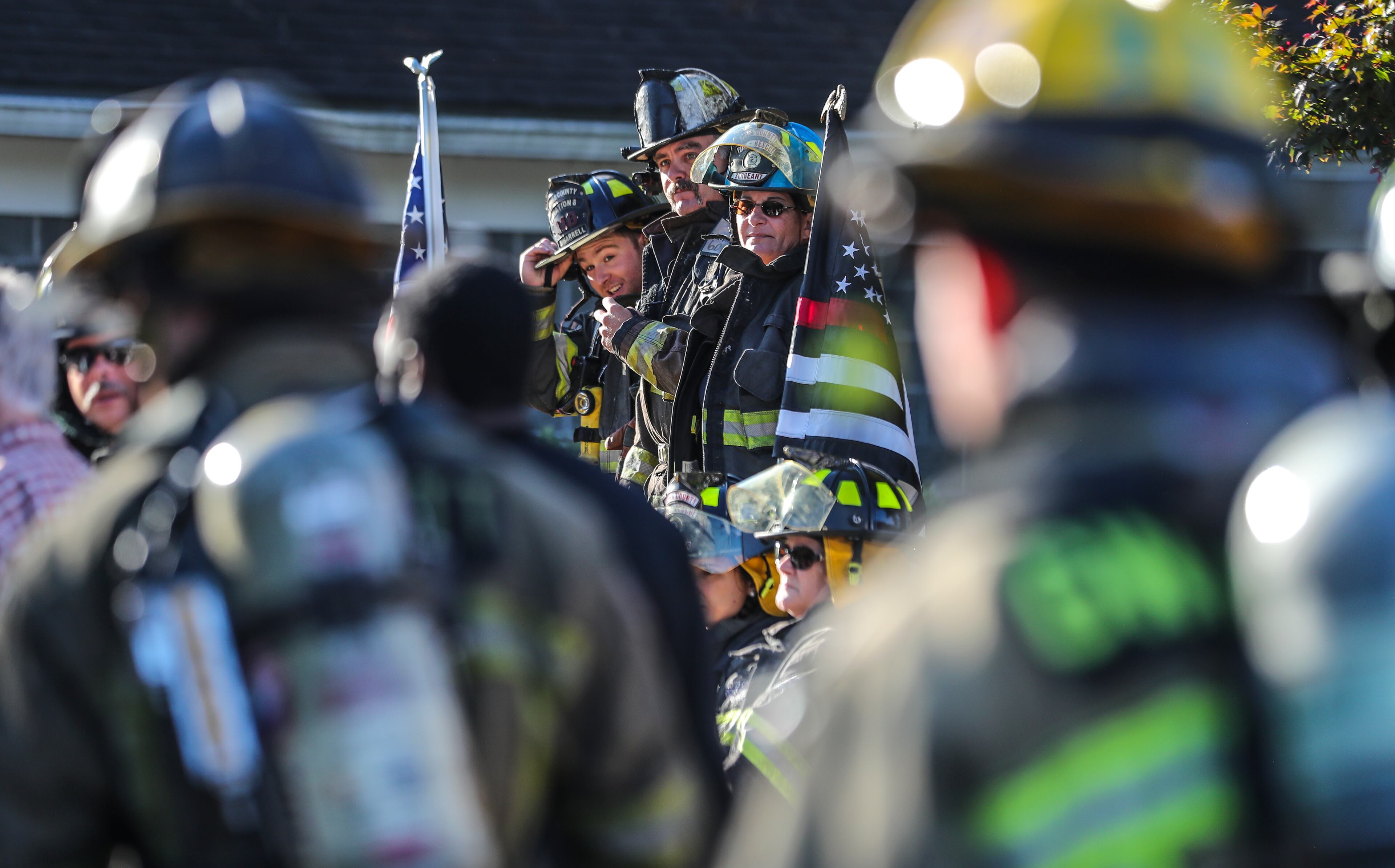 September 10, 2021 Stone Mountain: Wearing a full turnout firefighting gear, some 200 metro Atlanta area firefighters honored the 343 firefighters and paramedics, and 72 law enforcement officers who lost their lives on Sept. 11, 2001 by ascending Stone Mountain on Friday, September 10, 2021. The City of Fayetteville Fire Department who sponsors the annual event for the one-mile climb that is equivalent to 160 flights of stairs has seen the event grow every year that also includes police and military participants. Numerous events are scheduled Saturday around the metro area to observe the 20th anniversary of the terror attacks on Sept. 11, 2001. (John Spink / John.Spink@ajc.com)