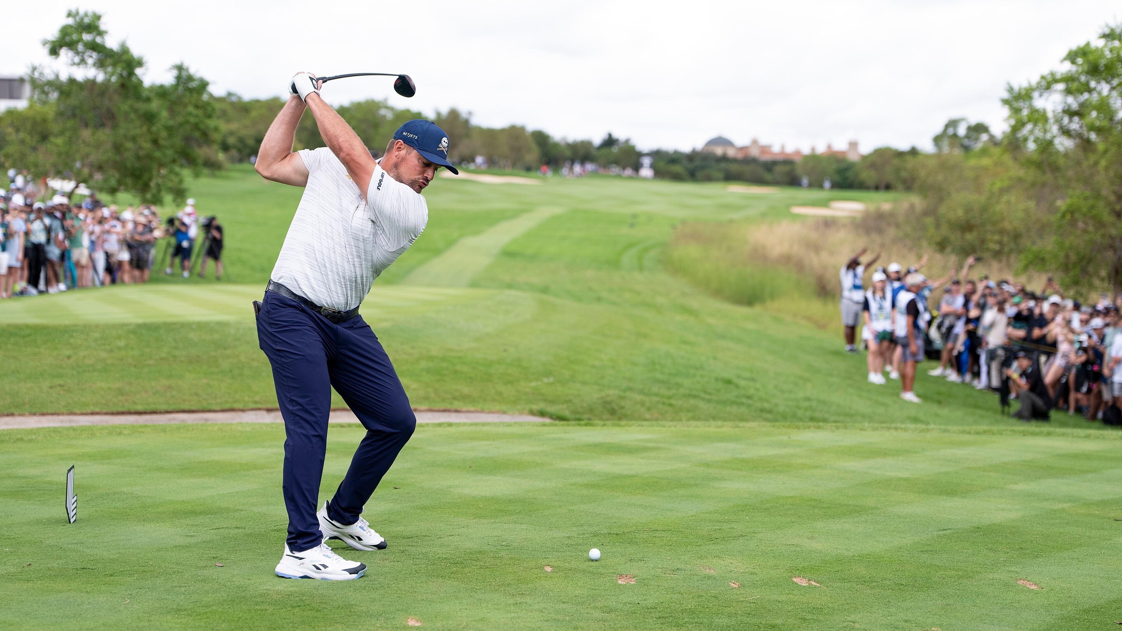 Captain Bryson DeChambeau of Crushers GC hits his shot from the seventh tee during the third round of the LIV Golf tournament at The Club at Steyn City, Saturday, March 21, 2026, in Midrand, South Africa. (Pedro Salado/LIV Golf via AP)