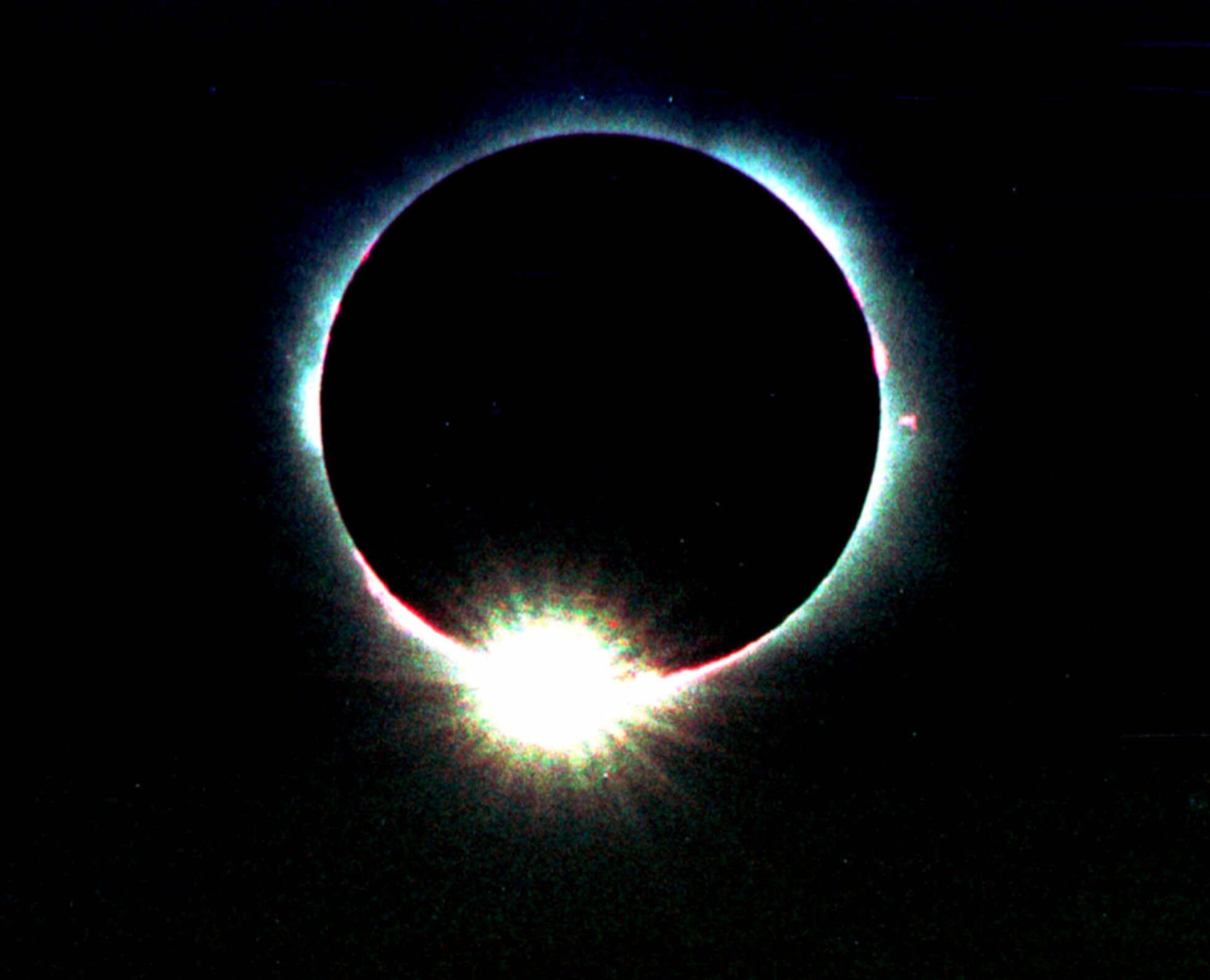 The sun appears as a diamond ring as the moon passes over during the solar eclipse in Graz, about 200 kilometers (167 miles) south of Vienna, Austria, on Wednesday, Aug. 11 1999. (AP Photo/Helge O. Sommer)