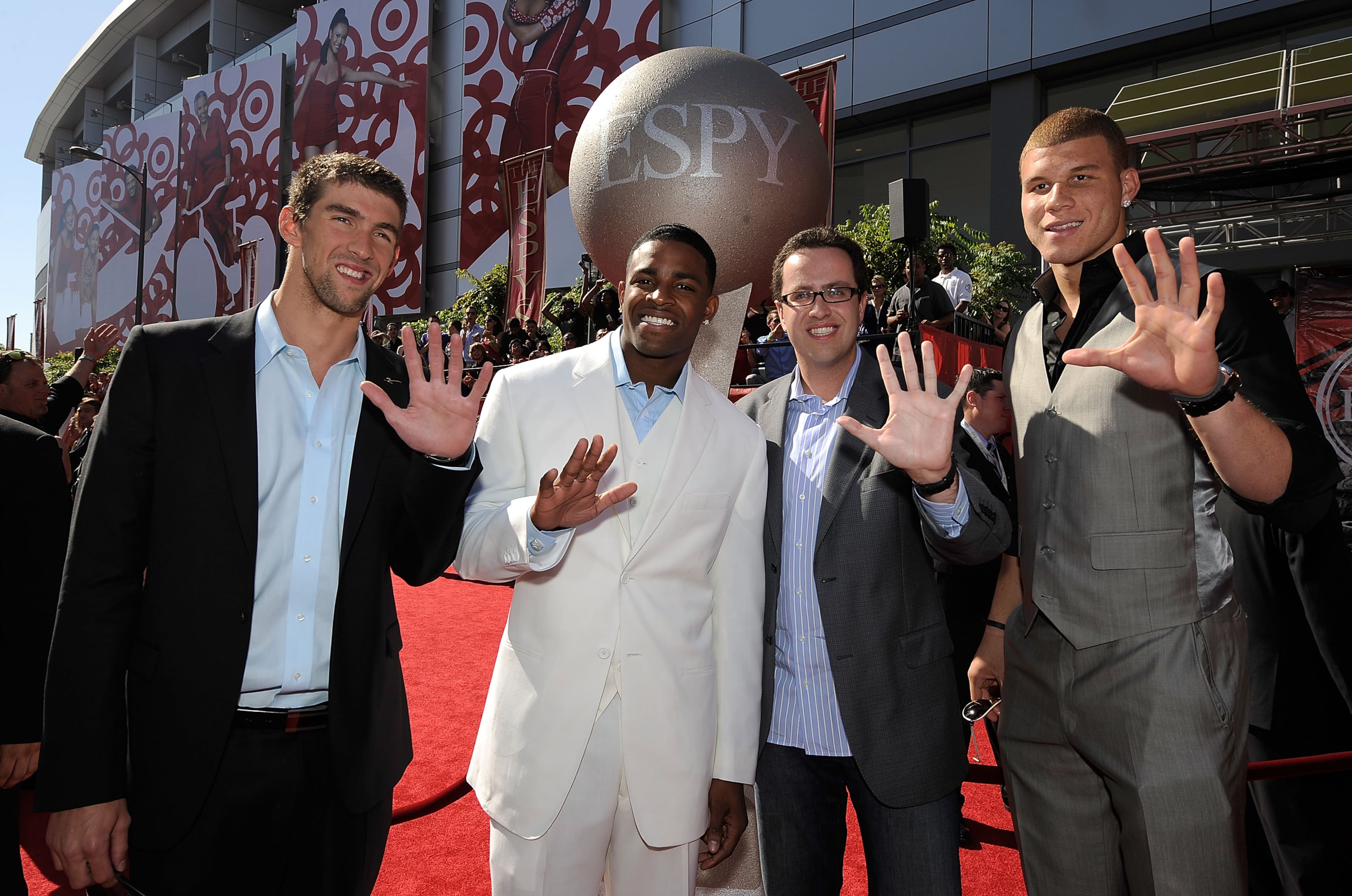 (L-R) Olympic gold medalist swimmer Michael Phelps NFL player Michael Crabtree, spokesman for Subway Jared Fogle and NBA player Blake Griffin arrive at the 2009 ESPY Awards held at Nokia Theatre LA Live on July 15, 2009 in Los Angeles, California. The 17th annual ESPYs will air on Sunday, July 19 at 9PM ET on ESPN. (Photo by Kevork Djansezian/Getty Images for ESPY)