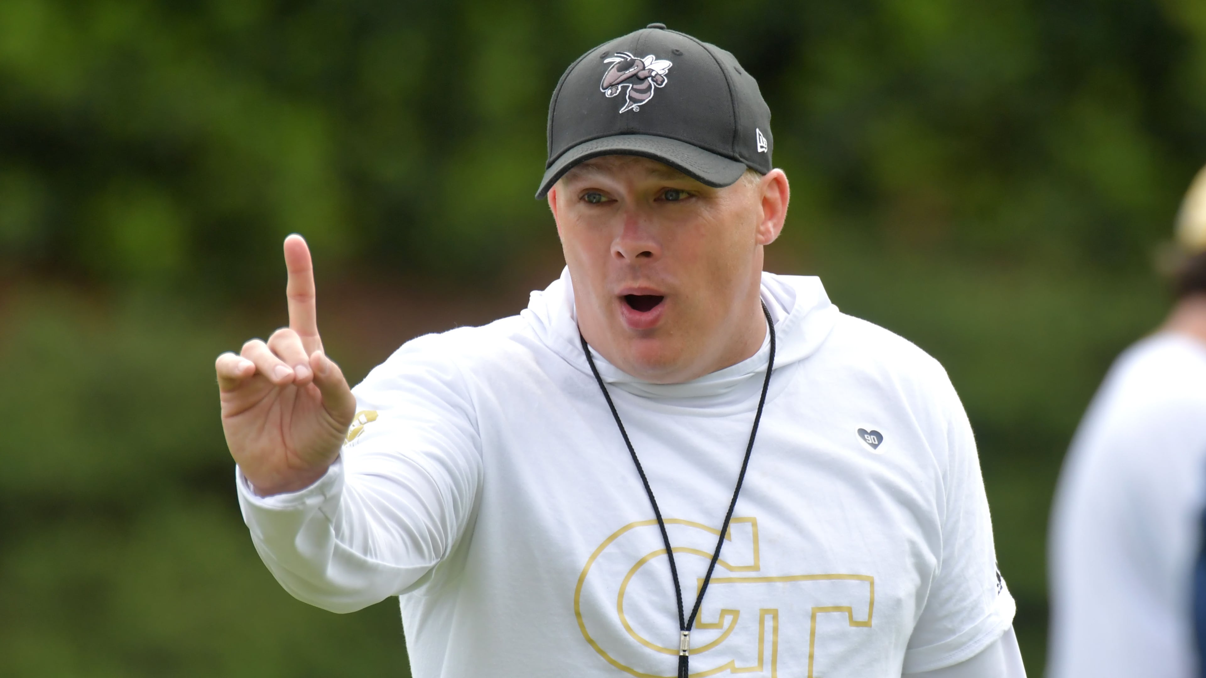 Georgia Tech head coach Geoff Collins gestures as he shouts instructions during a practice session Thursday, April 18, 2019, at Georgia Tech's football outdoor practice field in Atlanta.