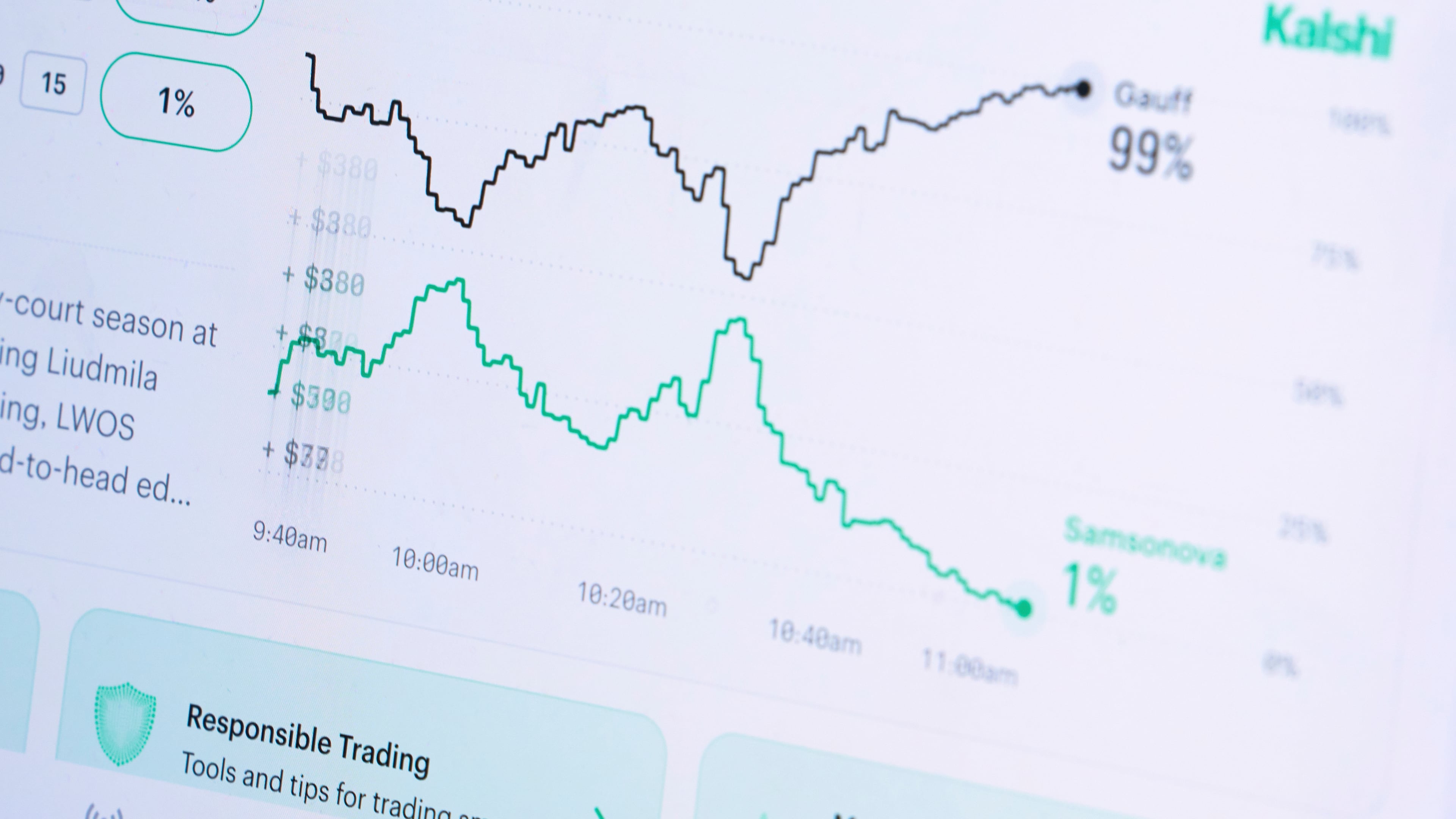 FILE - A laptop screen displays trades on the Kalshi website, April 16, 2026, in Portland, Ore. (AP Photo/Jenny Kane, File)