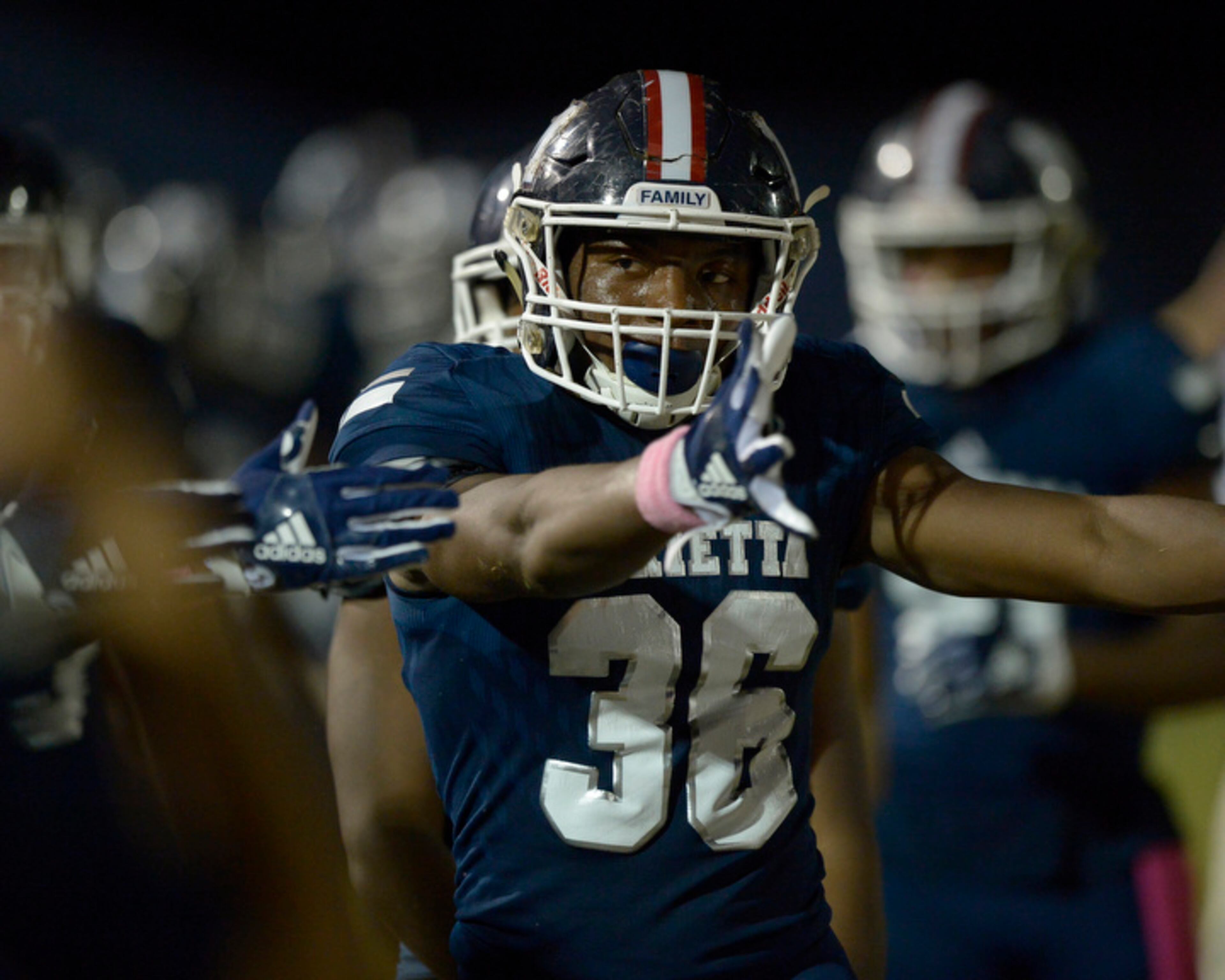 Blue Devil senior Jonathan Davis (36) and his teammates celebrates his touchdown in in the first half of their game against Hillgrove Friday, October 13, 2017. Special/Daniel Varnado