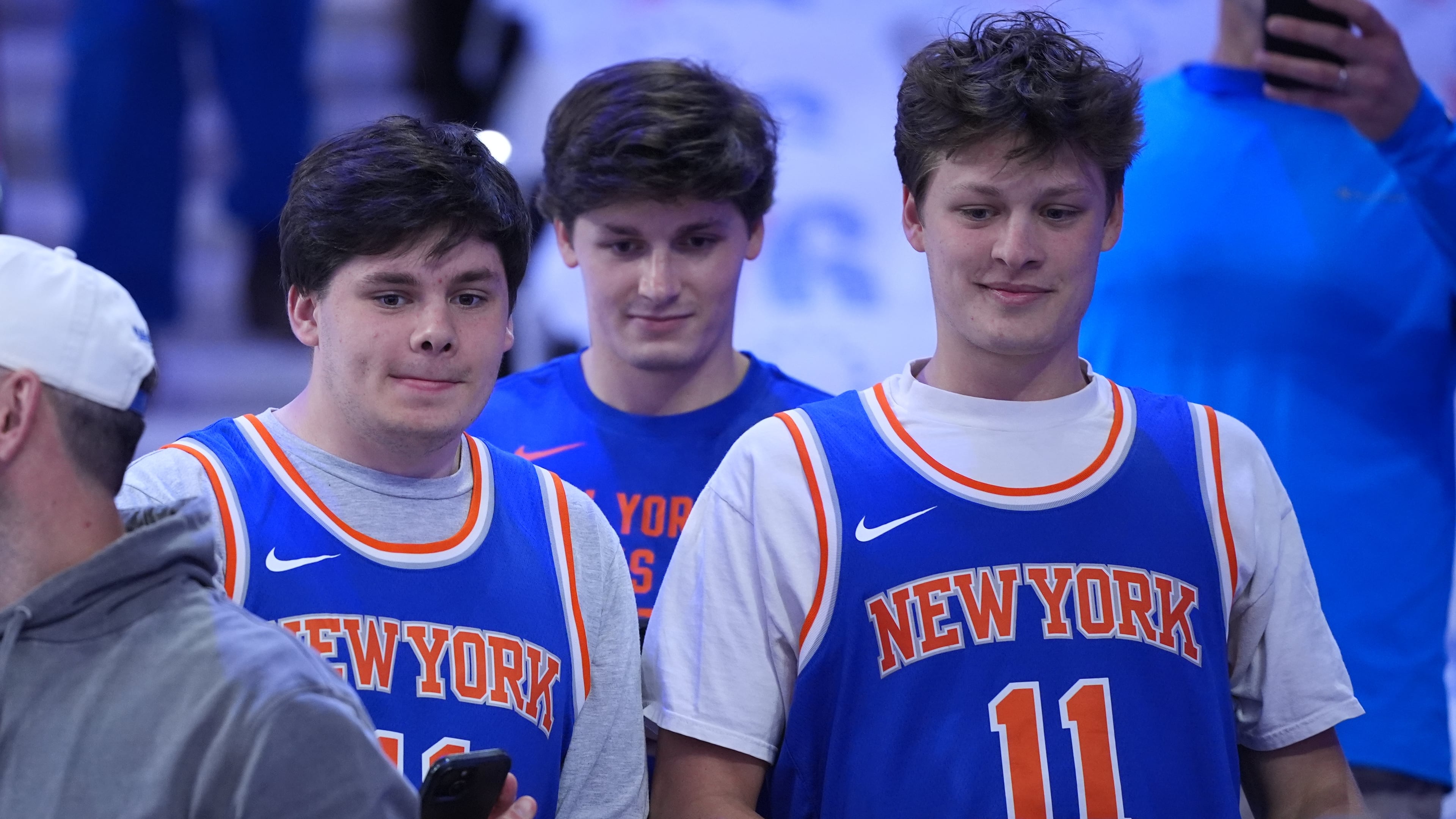 New York Knicks' fans watch warm-ups before Game 3 in a second-round NBA basketball playoff series against the Philadelphia 76ers Friday, May 8, 2026, in Philadelphia. (AP Photo/Matt Slocum)