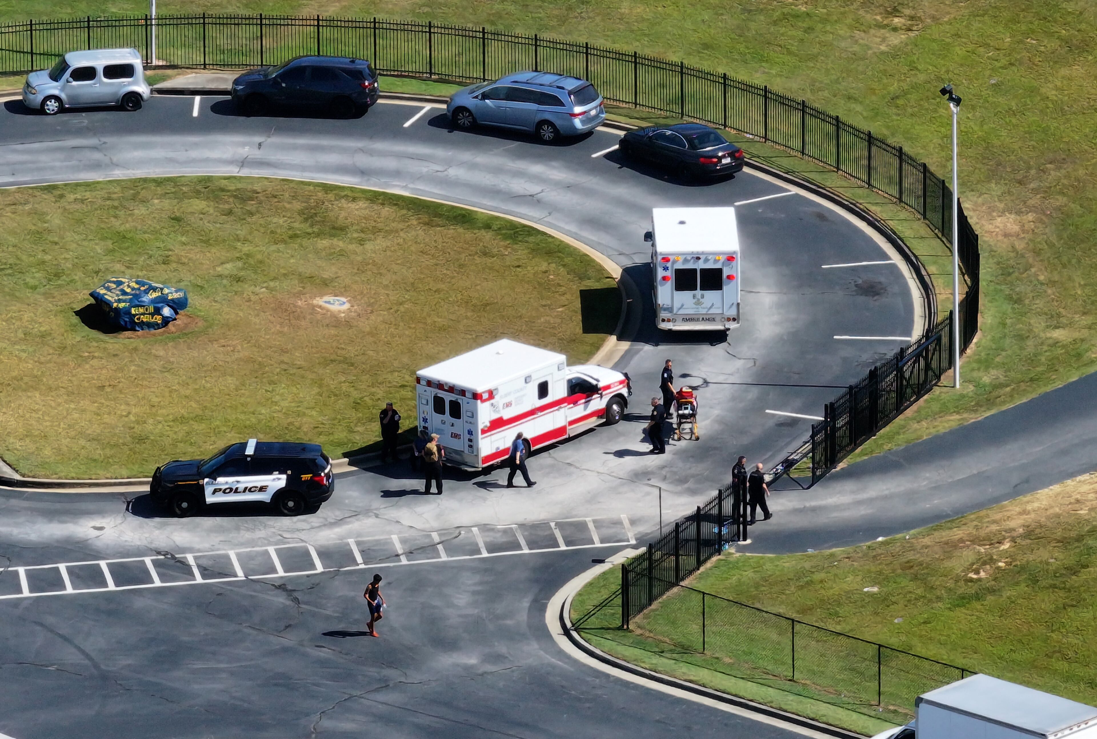 Aerial photo shows Apalachee High School, where four people were killed and nine others were taken to various hospitals after a shooting, Wednesday, September 4, 2024, in Winder. Four people were killed and nine others were taken to various hospitals after a shooting at Apalachee High School in Barrow County, the GBI said Wednesday afternoon. One person was in custody, the state agency confirmed. (Hyosub Shin / AJC)
