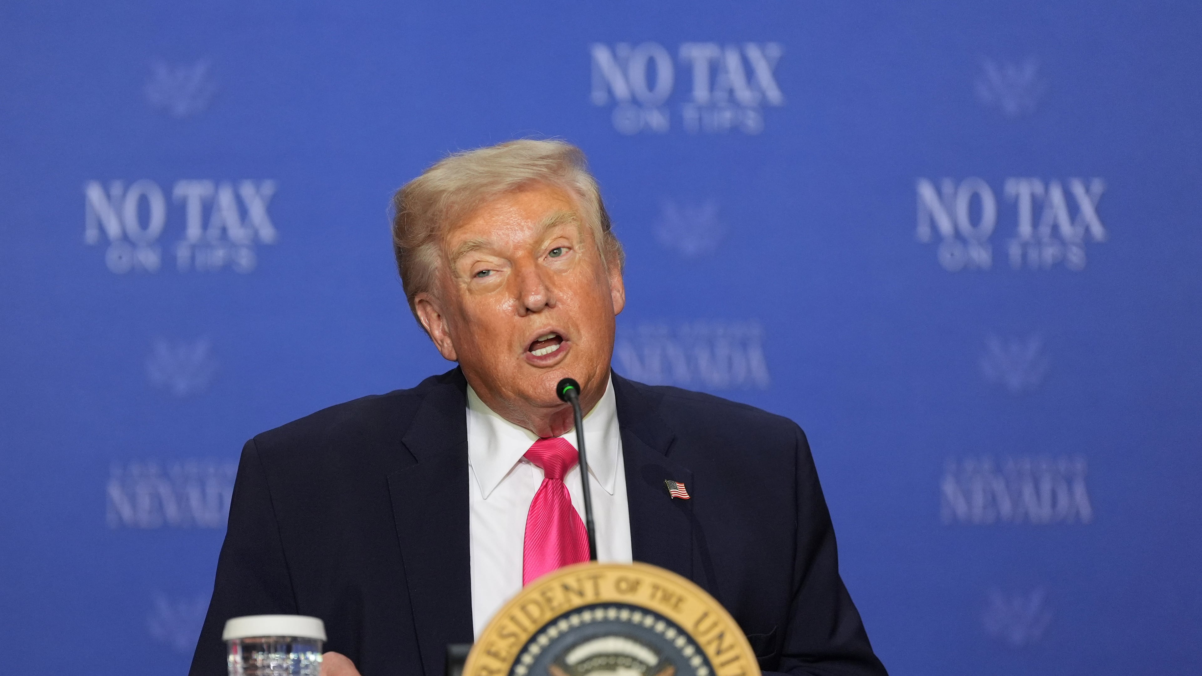 President Donald Trump speaks at a roundtable event about no tax on tips, Thursday, April 16, 2026, in Las Vegas. (AP Photo/Alex Brandon)