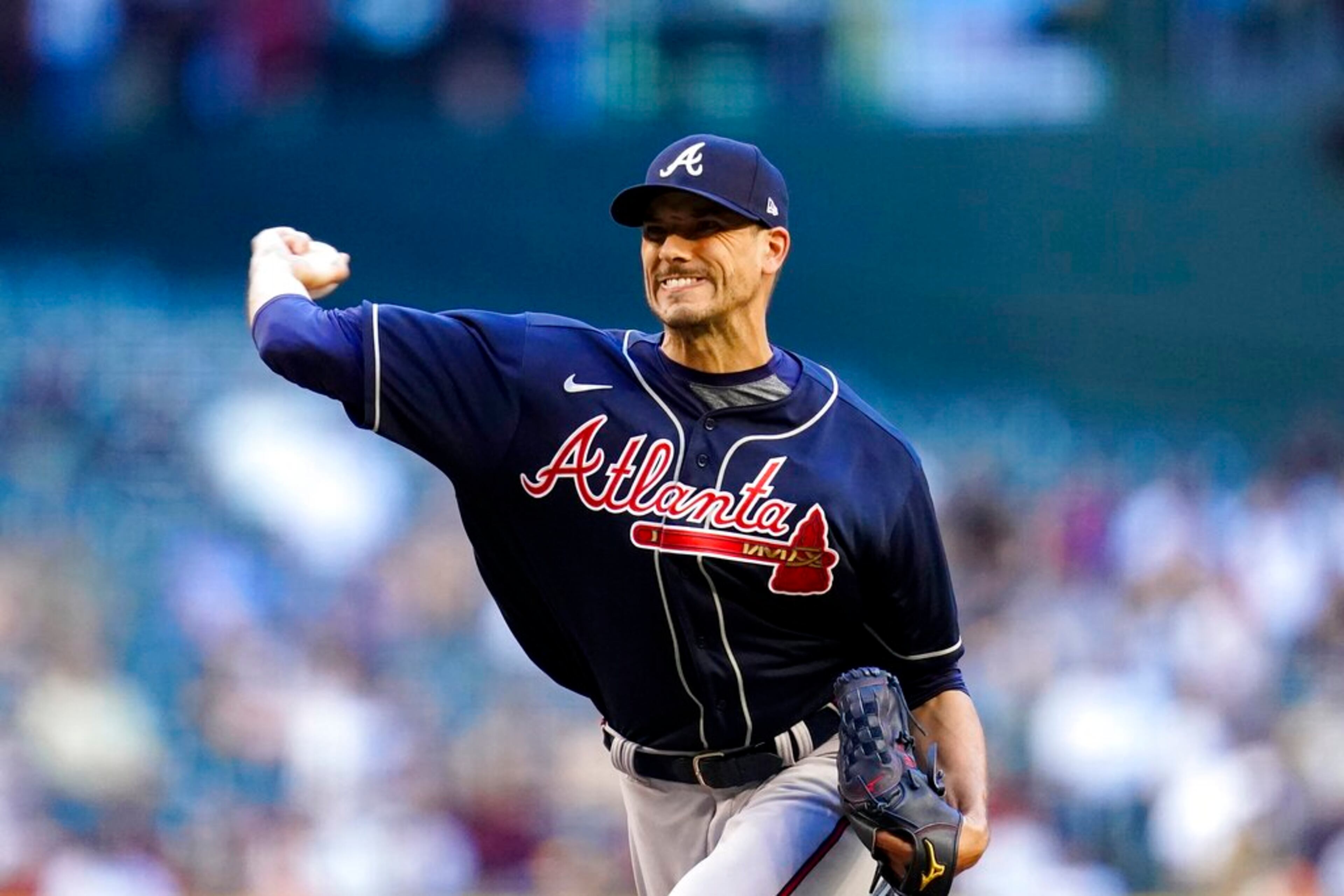 Atlanta Braves starting pitcher Charlie Morton throws a pitch against the Arizona Diamondbacks during the first inning of a baseball game Tuesday, May 31, 2022, in Phoenix. (AP Photo/Ross D. Franklin)
