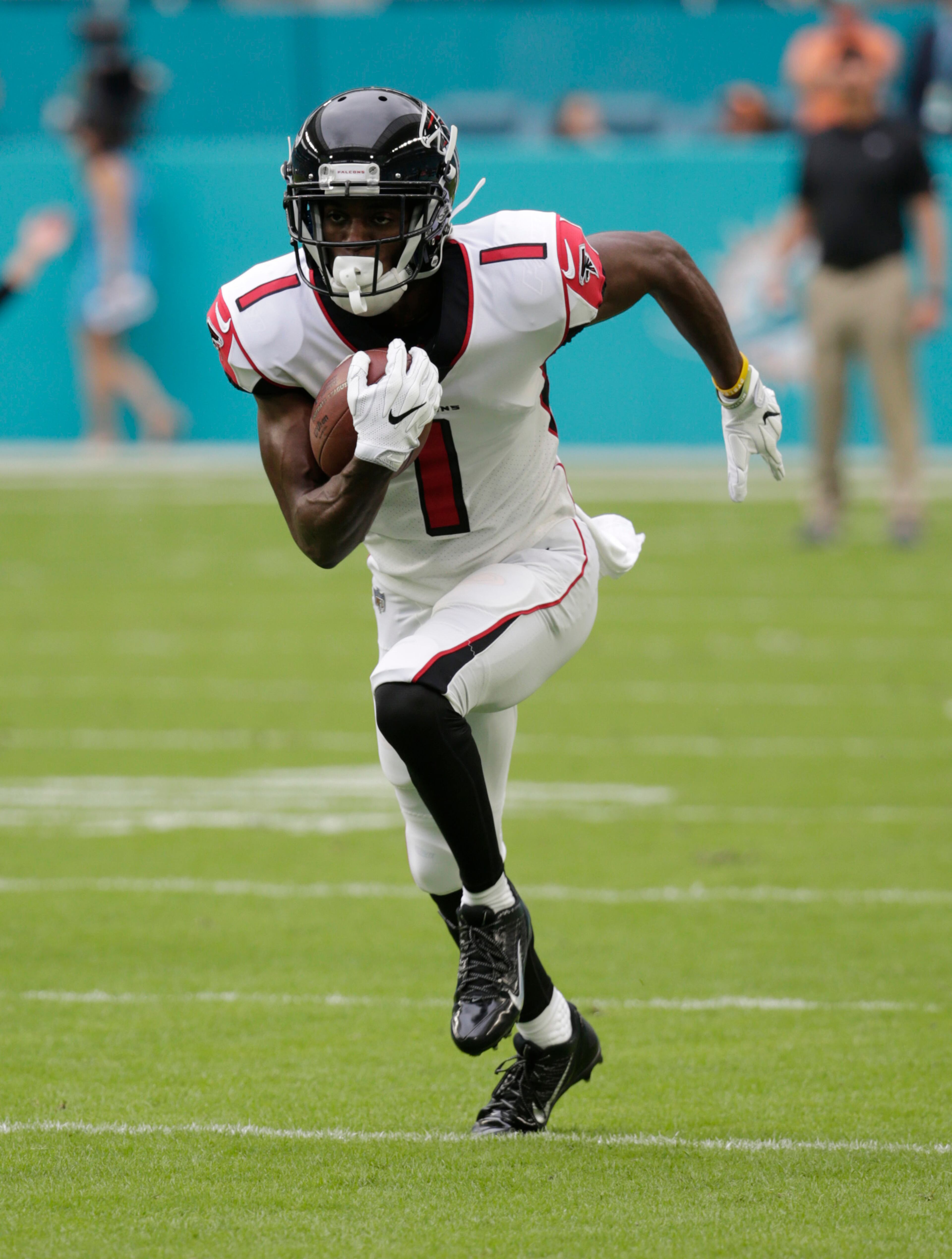 Atlanta Falcons wide receiver Reggie Davis (1) warms-up before an NFL preseason football game against the Miami Dolphins, Thursday, Aug. 10, 2017 in Miami Gardens, Fla. (AP Photo/Lynne Sladky)