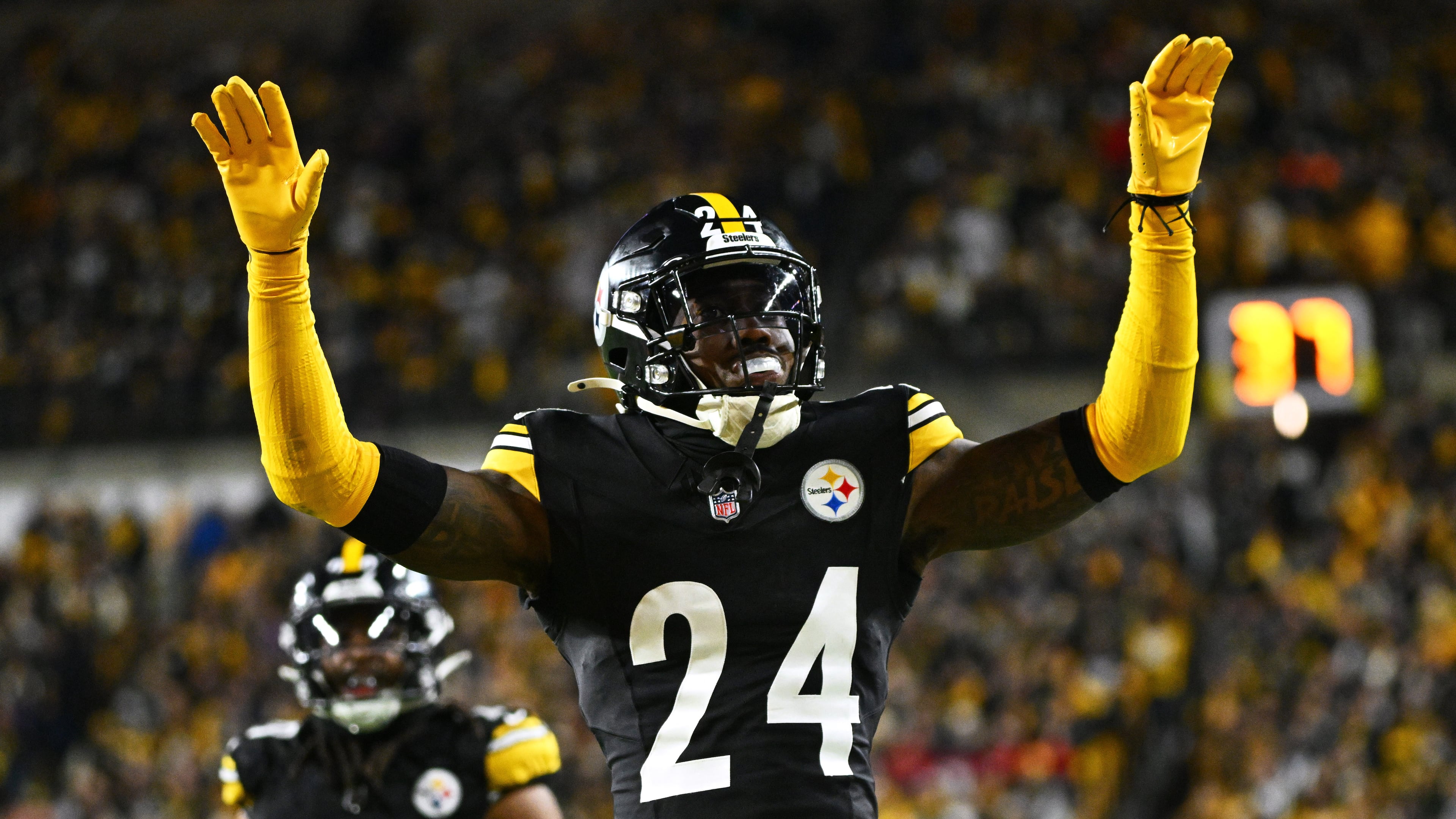 FILE - Pittsburgh Steelers cornerback Joey Porter Jr. reacts after a stop during the second half of an NFL wild-card playoff football game against the Houston Texans, Jan. 12, 2026, in Pittsburgh. (AP Photo/Justin Berl, File)