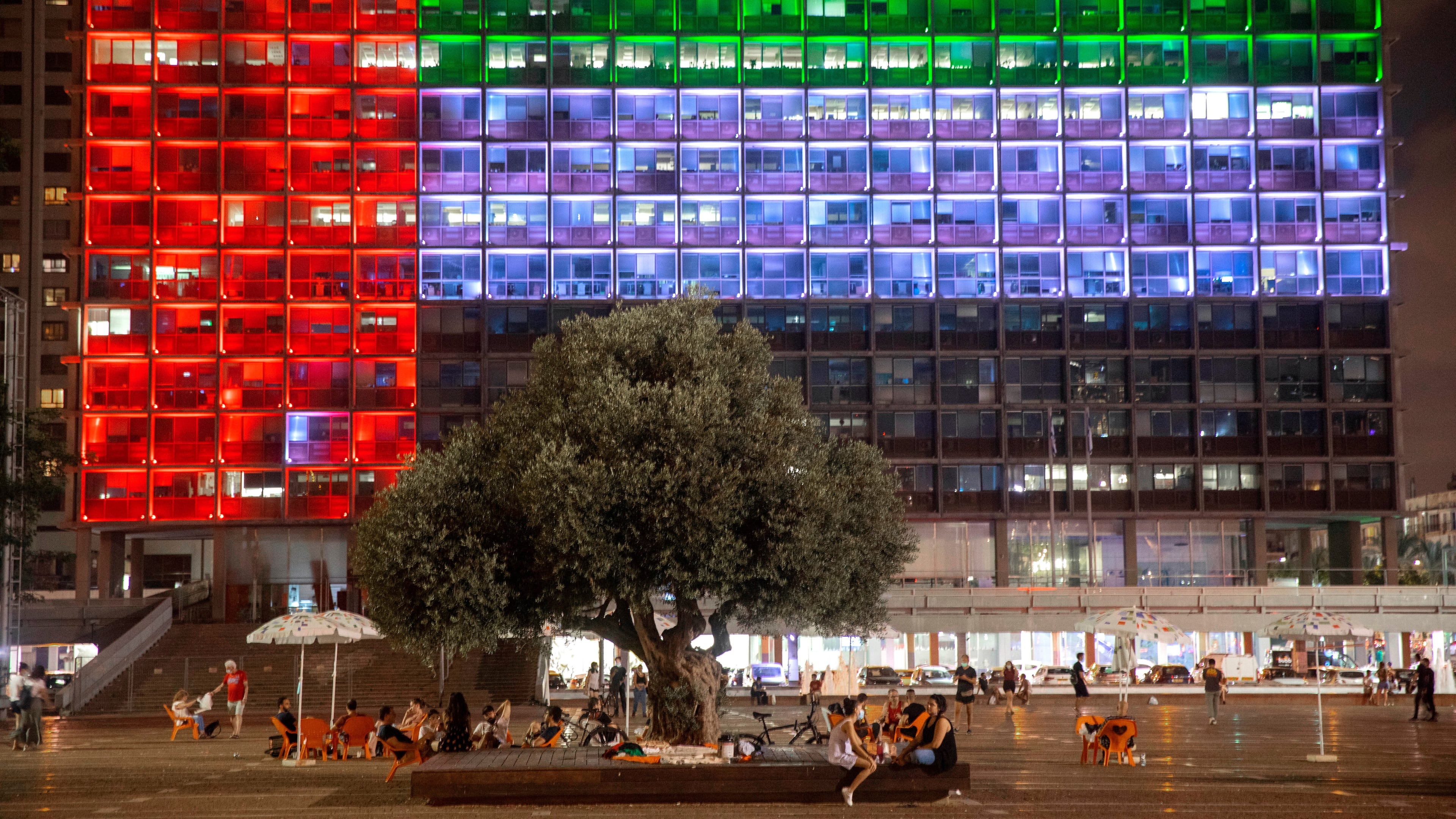FILE - Tel Aviv City Hall is lit up with the flag of the United Arab Emirates as UAE and Israel announced they would be establishing full diplomatic ties, Aug. 13, 2020, in Tel Aviv, Israel. (AP Photo/Oded Balilty, File)