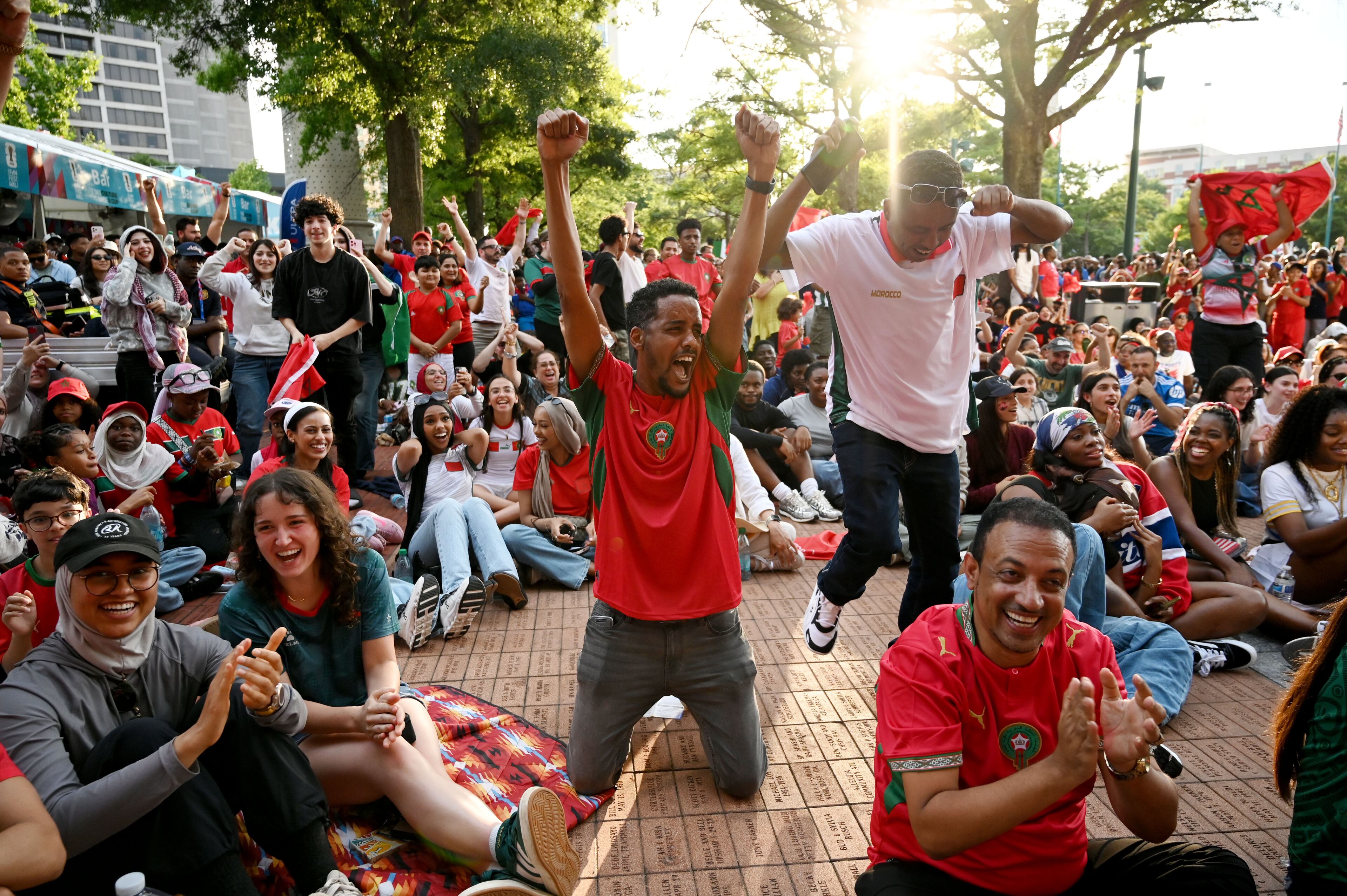 Morocco fans react to a goal as they gather to watch the match between Morocco vs. Haiti at the FIFA Fan Festival in Centennial Olympic Park on Wednesday, June 24, 2026, in Atlanta. (Hyosub Shin/AJC)