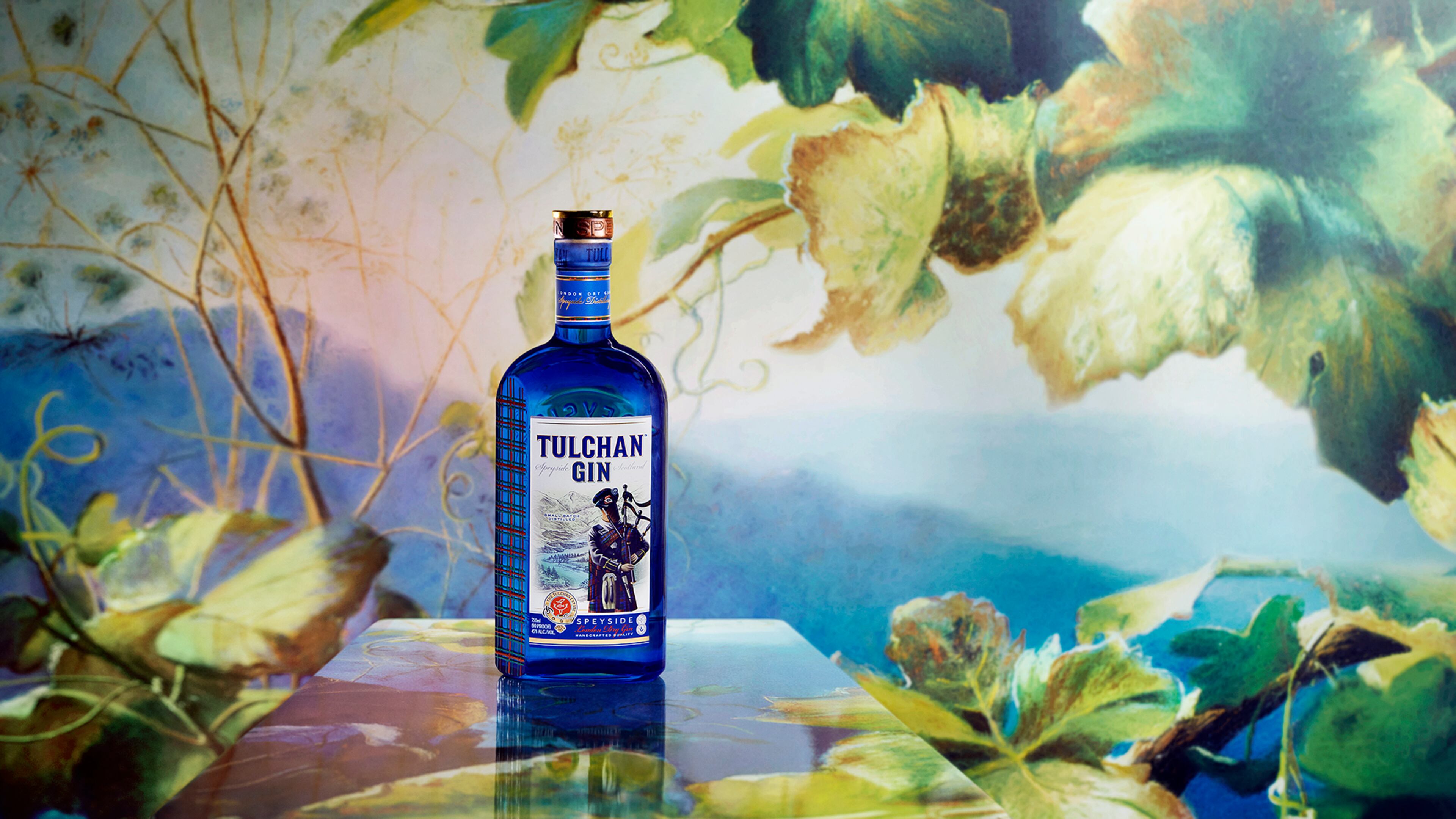 Tulchan gin is made in Scotland, with the blue bottle evoking the River Spey. Courtesy of Tulchan
