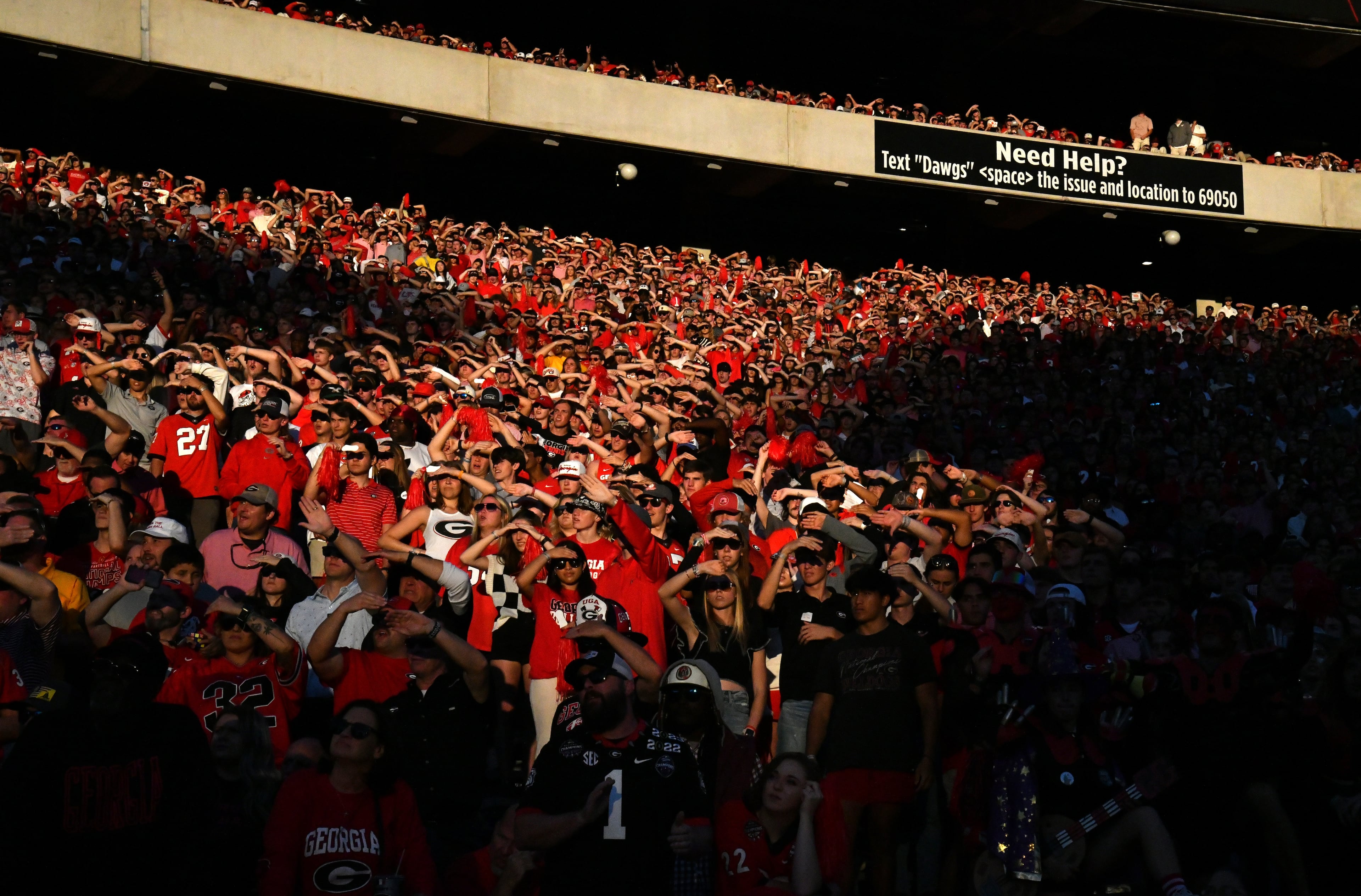 Georgia fans watch during the second half in an NCAA football game at Sanford Stadium, Saturday, November 4, 2023, in Athens. Georgia won 30-21 over Missouri. (Hyosub Shin / Hyosub.Shin@ajc.com)