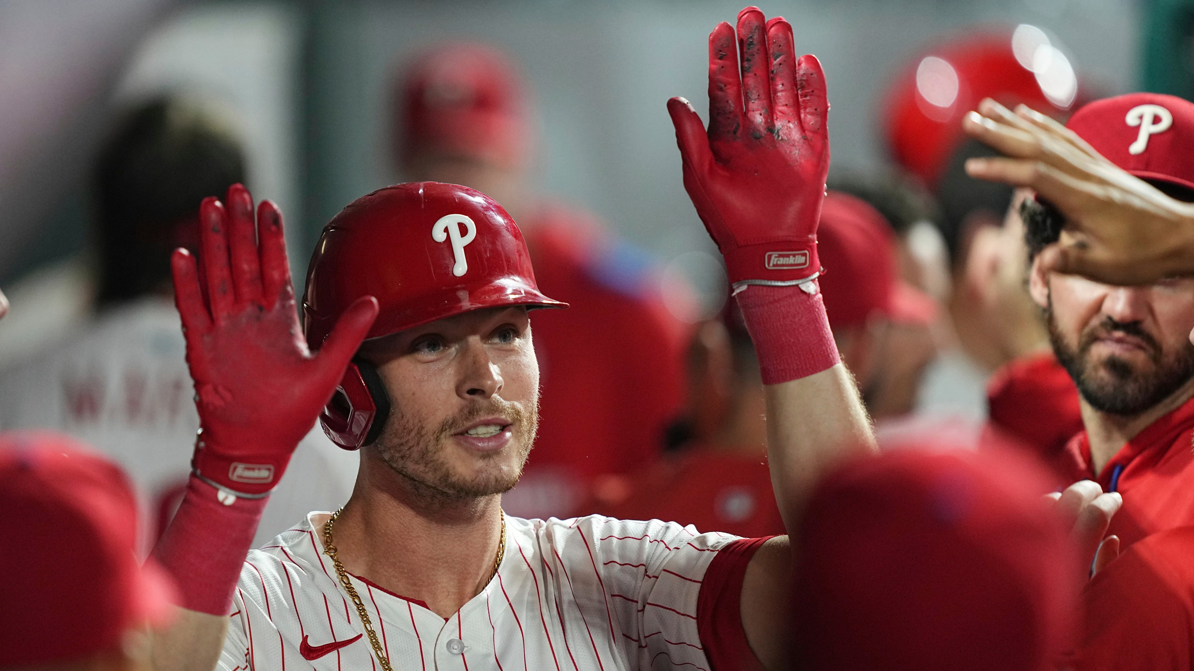 FILE - Philadelphia Phillies' Max Kepler celebrates after hitting a home run off of New York Mets pitcher Ryan Helsley during the eighth inning of a baseball game, on Sept. 10, 2025, in Philadelphia. (AP Photo/Matt Rourke, File)