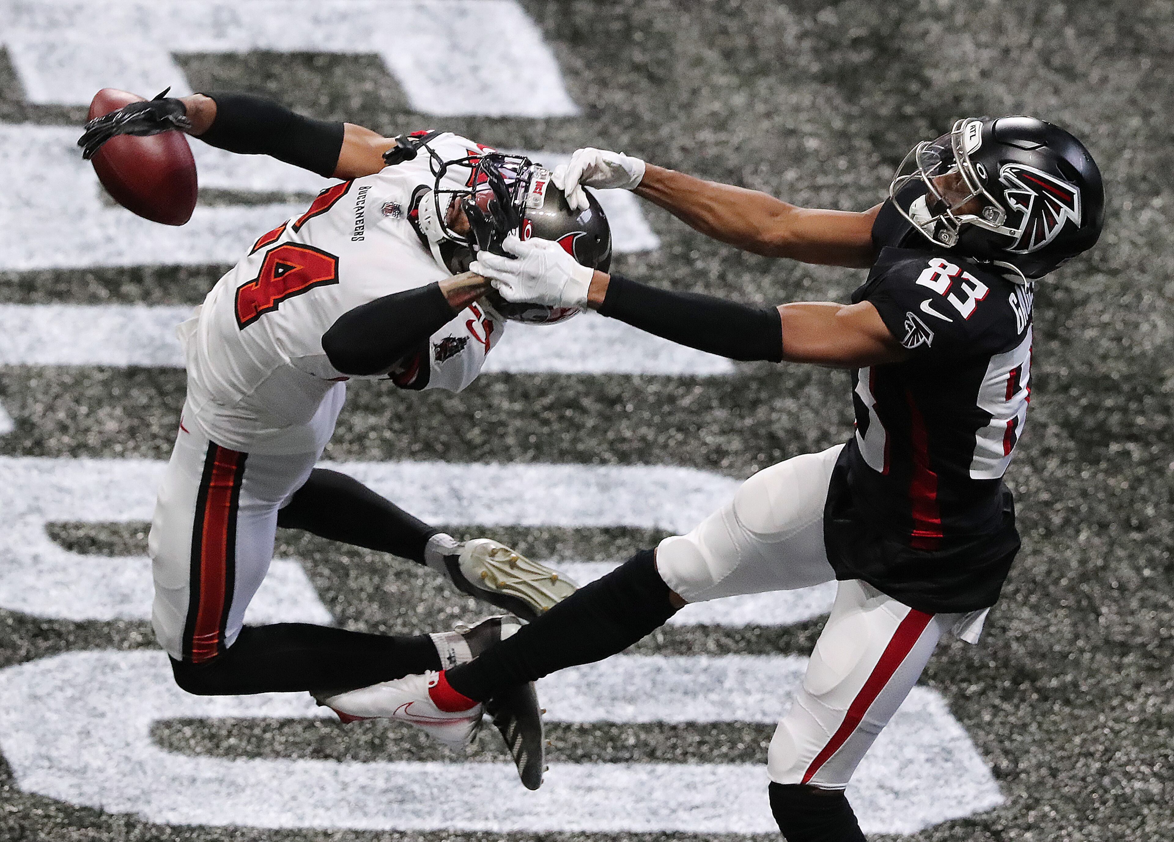 Buccaneers cornerback Carlton Davis breaks up a pass in the end zone to Falcons wide receiver Russell Gage during the second quarter Sunday, Dec. 20, 2020, in Atlanta. (Curtis Compton / Curtis.Compton@ajc.com)