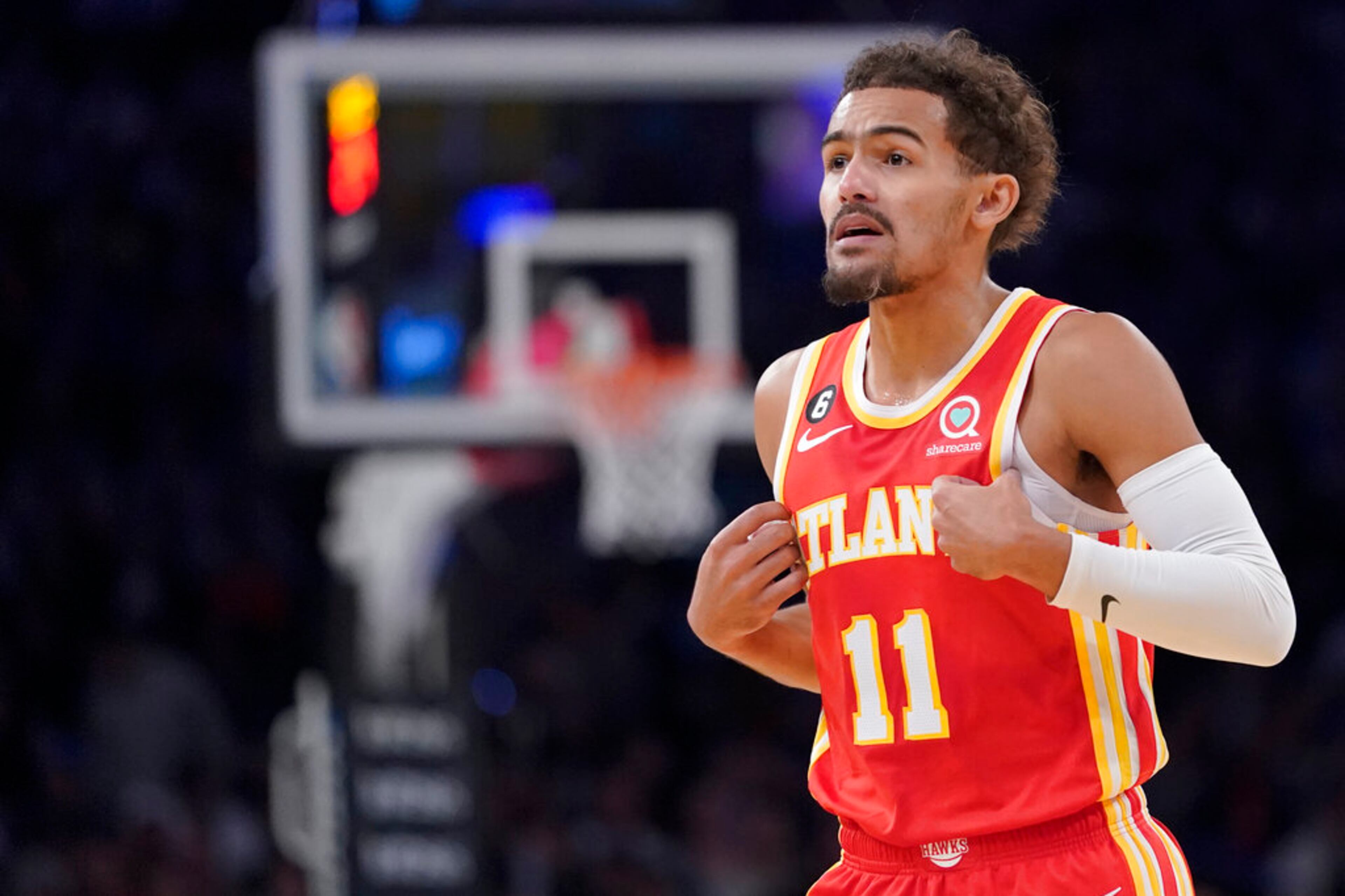 Atlanta Hawks guard Trae Young reacts during the first half of the team's NBA basketball game against the New York Knicks, Wednesday, Nov. 2, 2022, at Madison Square Garden in New York. (AP Photo/Mary Altaffer)