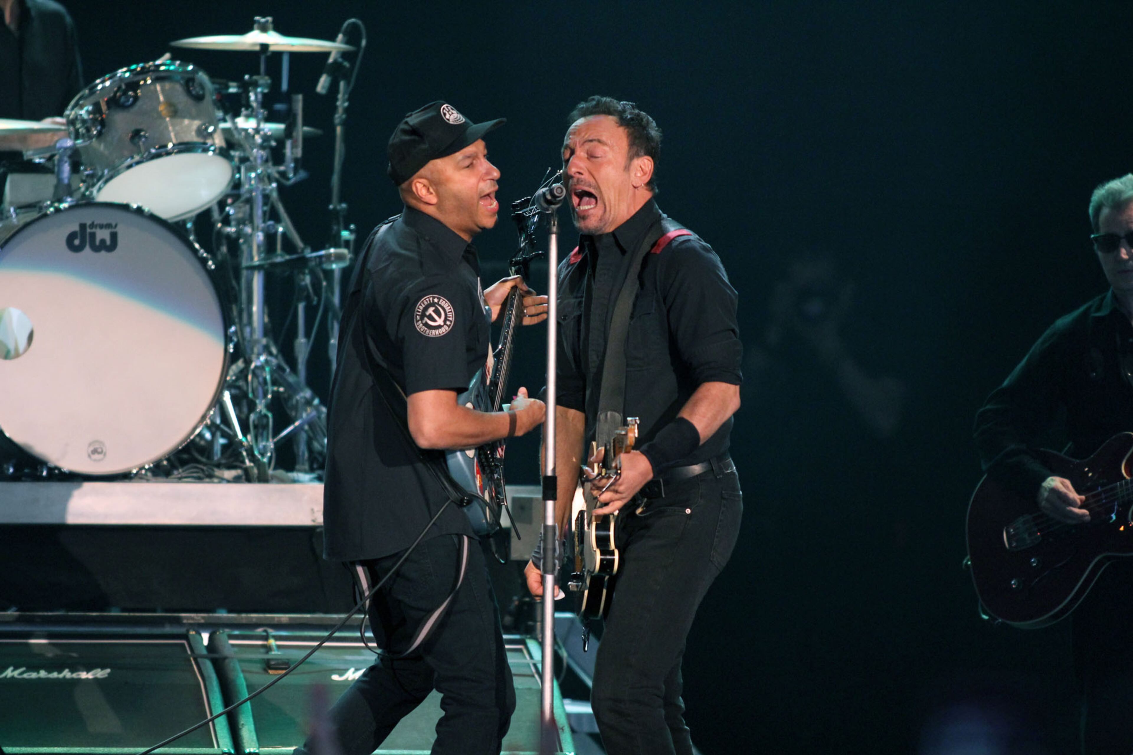 April 26, 2014- ATLANTA - Bruce Springsteen jams with Tom Morello, guitarist with Rage Against the Machine, fill-in for Steve Van Zandt who is off filming a movie. "The Boss and the E Street Band performing at Aaron's Amphitheatre at Lakewood Saturday night as a part of their "High Hopes Tour".