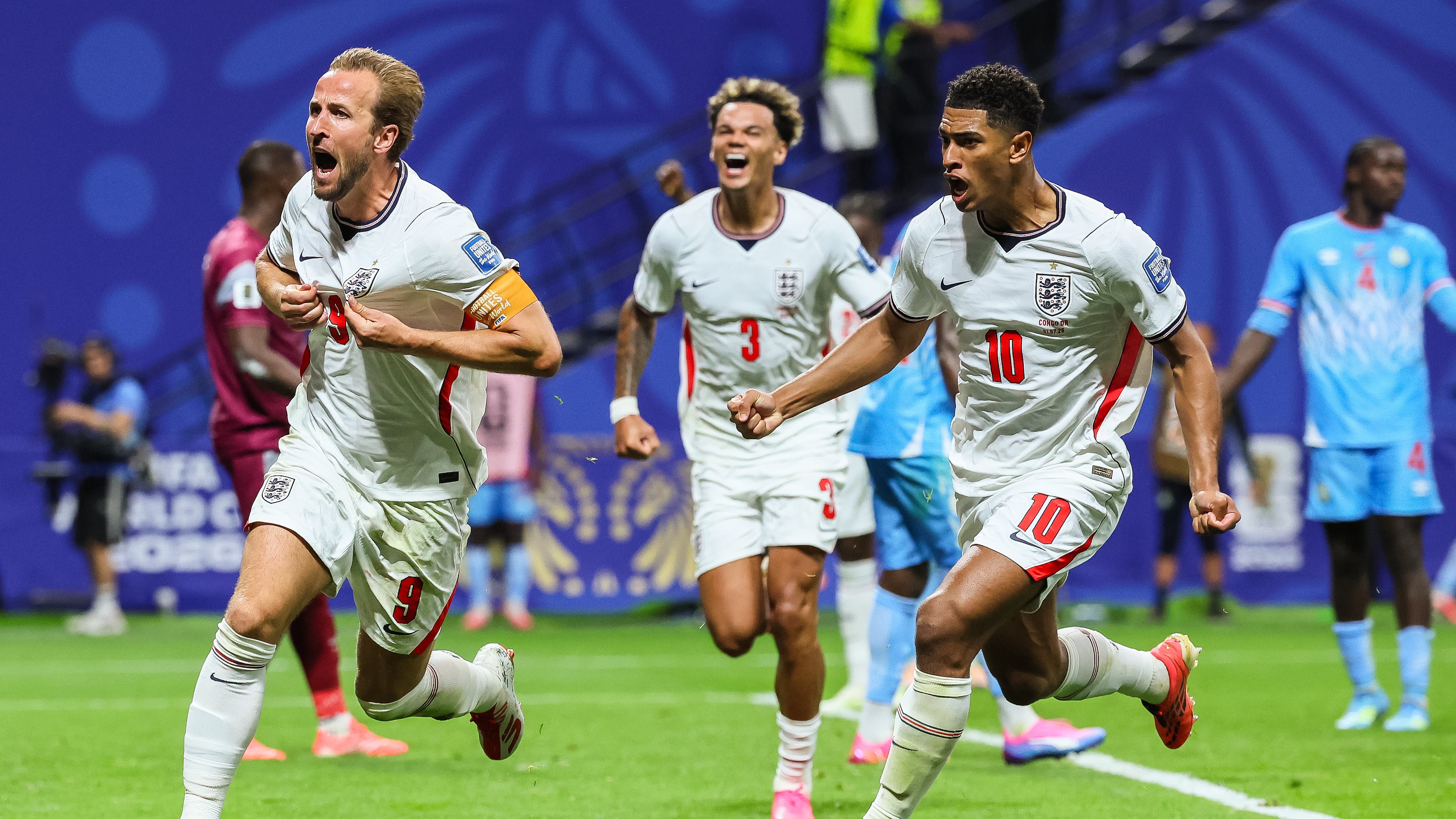 England forward Harry Kane (left) reacts after scoring against Congo during the second half of a FIFA World Cup round of 32 match at Atlanta Stadium (Mercedes-Benz Stadium) on Wednesday, July 1, 2026, in Atlanta. (Jason Getz/AJC)