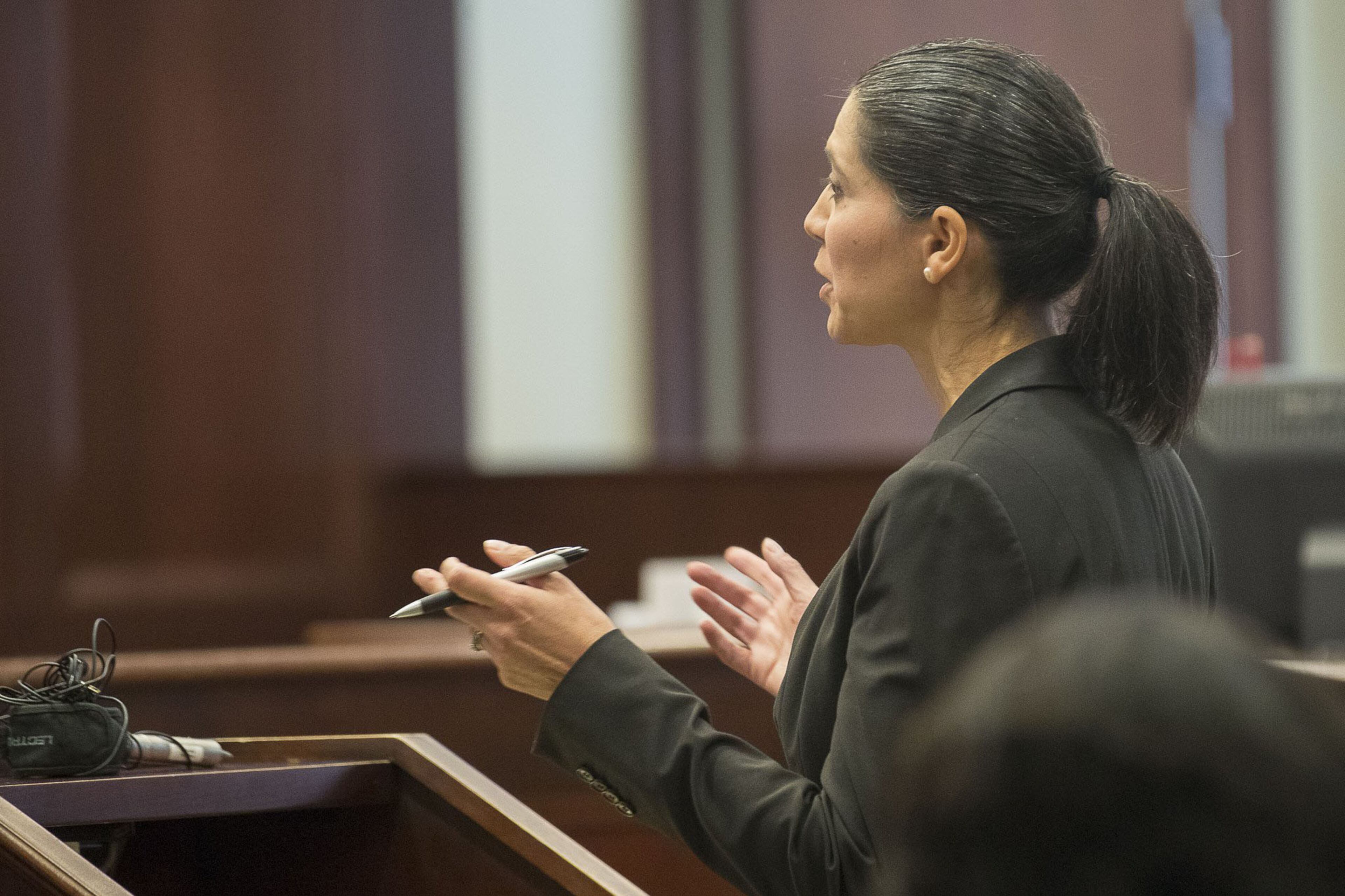 DeKalb County Assistant District Attorney Mirna Andrews cross-examines Summer Wells, sister of Jennifer Rosenbaum, during the trial of Jennifer and Joseph Rosenbaum in front of Henry County Judge Brian Amero at the Henry County Superior Court in McDonough on July 26, 2019. The trial began on July 8. The DeKalb County district attorney's office is prosecuting the case because the Henry County DA's office recused itself. Jennifer Rosenbaum once worked as an intern for the Henry DA. (Alyssa Pointer/alyssa.pointer@ajc.com)