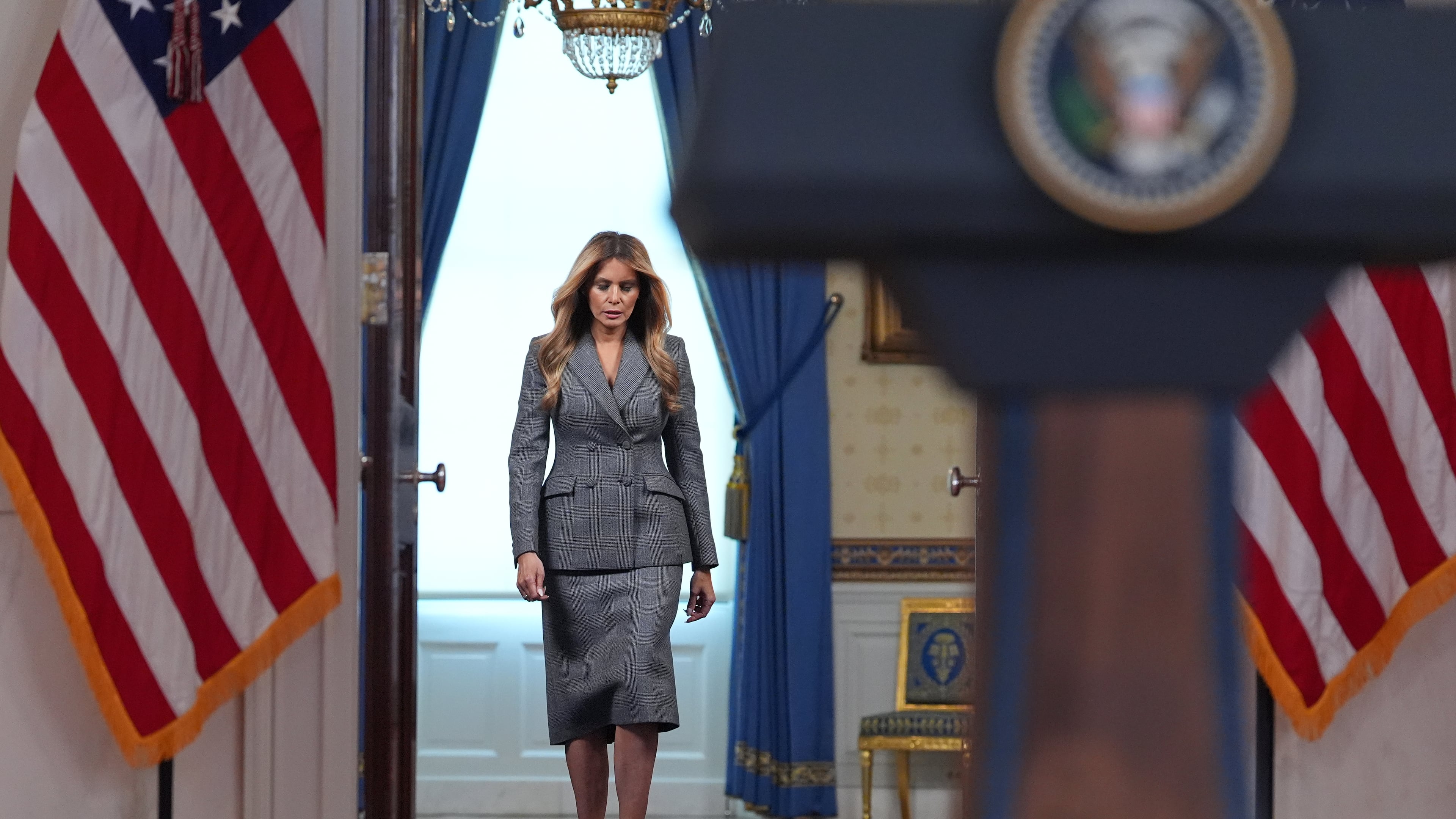First lady Melania Trump arrives to speak with reporters Thursday, April 9, 2026, in the Grand Foyer of the White House in Washington. (AP Photo/Jacquelyn Martin)