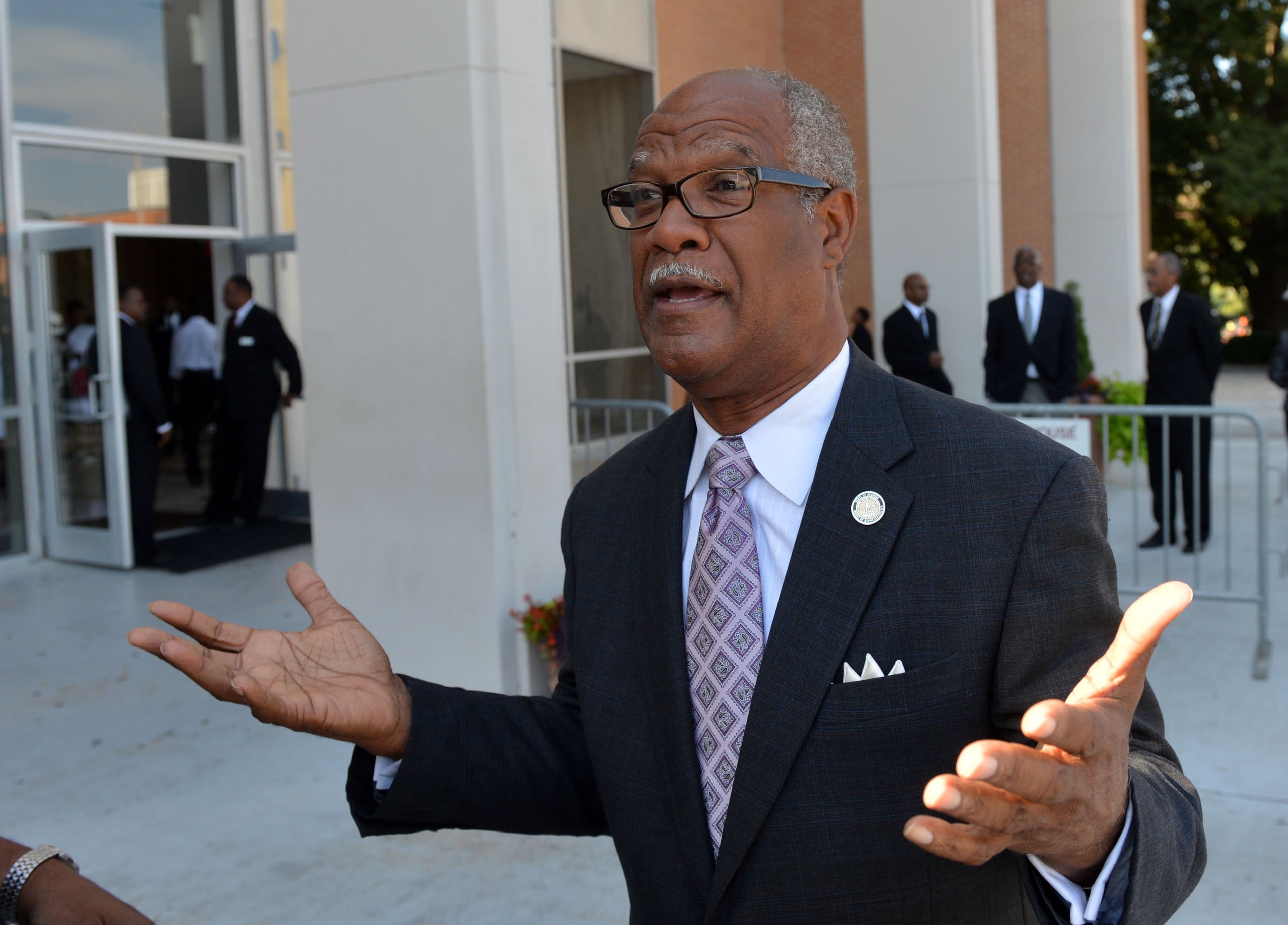 Rep Calvin Smyre talks to media while attending the homegoing celebration for Mrs. Evelyn Gibson Lowery held in the Martin Luther King Jr. International Chapel on the Morehouse College Campus, Wednesday, October 2, 2013. Lowery was the founder of the S.C.L.C.\WOMEN, Inc., the sister organization of the civil rights organization S.C.L.C; and creator of the annual Drum Major for Justice Awards and the annual Evelyn G. Lowery Civil Rights Heritage Educational Tour. She was married to civil rights activist the Reverend Joseph E. Lowery for close to 70 years. KENT D. JOHNSON / KDJOHNSON@AJC.COM