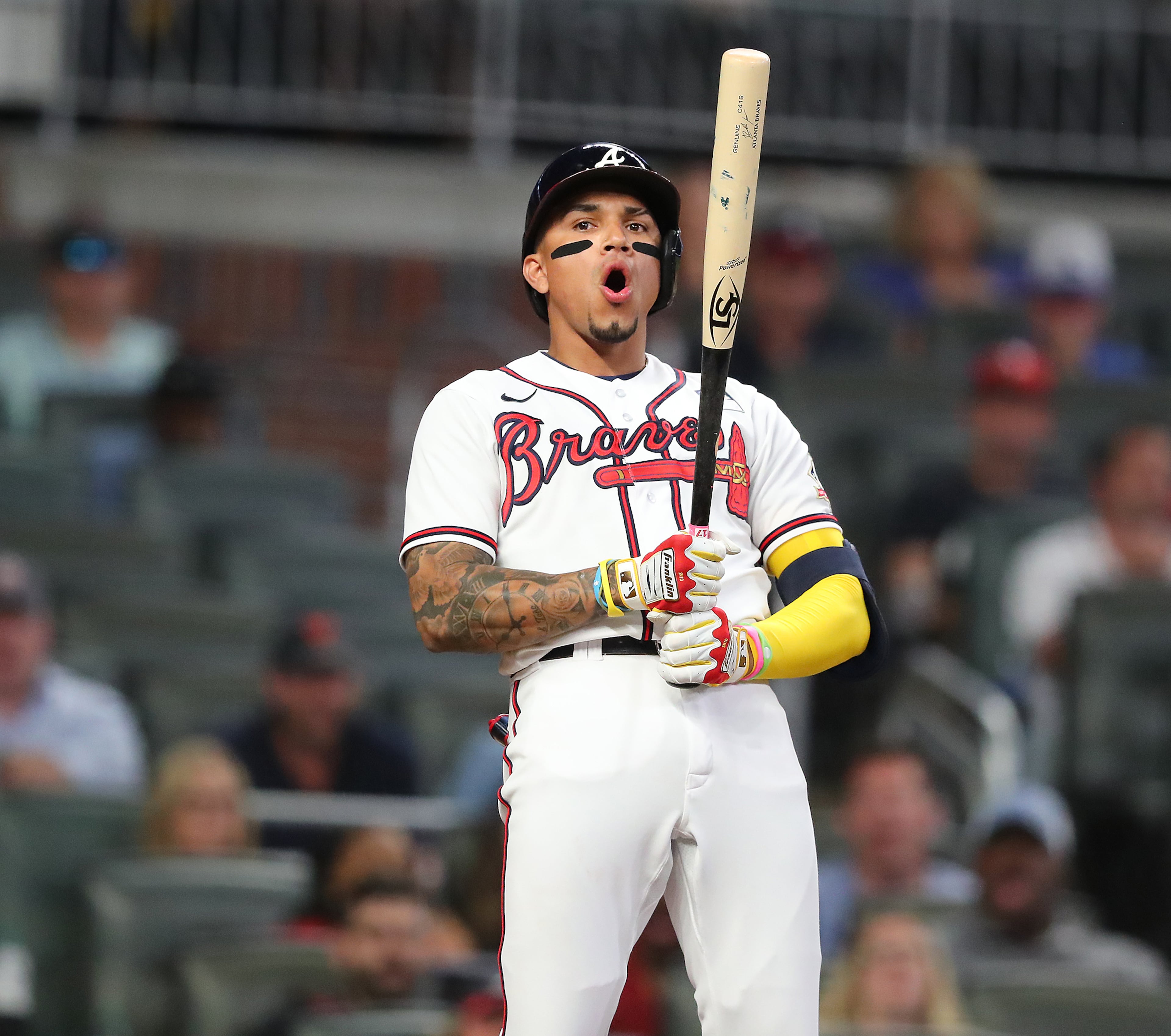 Braves pinch hitter Johan Camargo reacts as the umpire calls strike three while he headed to first base thinking he had drawn a walk against the Washington Nationals during the 9th inning in a MLB baseball game on Wednesday, Jun 2, 2021, in Atlanta. The Braves loss to the Nationals 5-3. “Curtis Compton / Curtis.Compton@ajc.com”