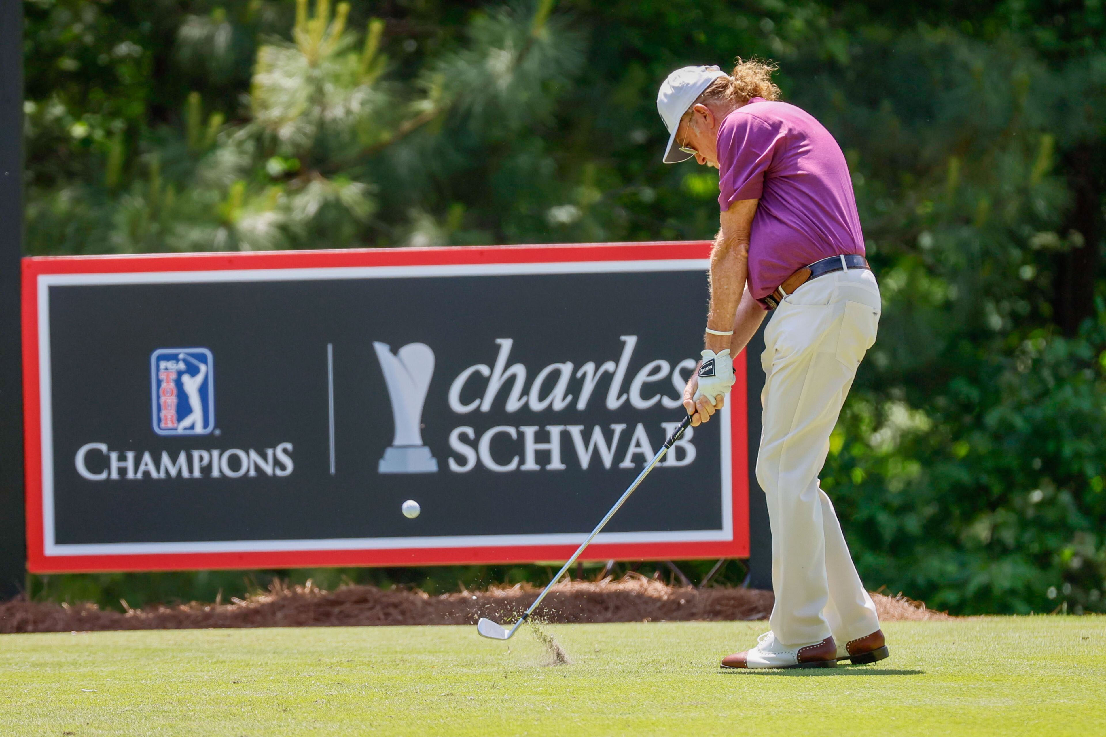 Miguel Angel Jimenez tees off on the second hole during the final round of the Mitsubishi Classic senior golf tournament at TPC Sugarloaf, Sunday, April 28, 2024, in Duluth, Ga.
(Miguel Martinez / AJC)