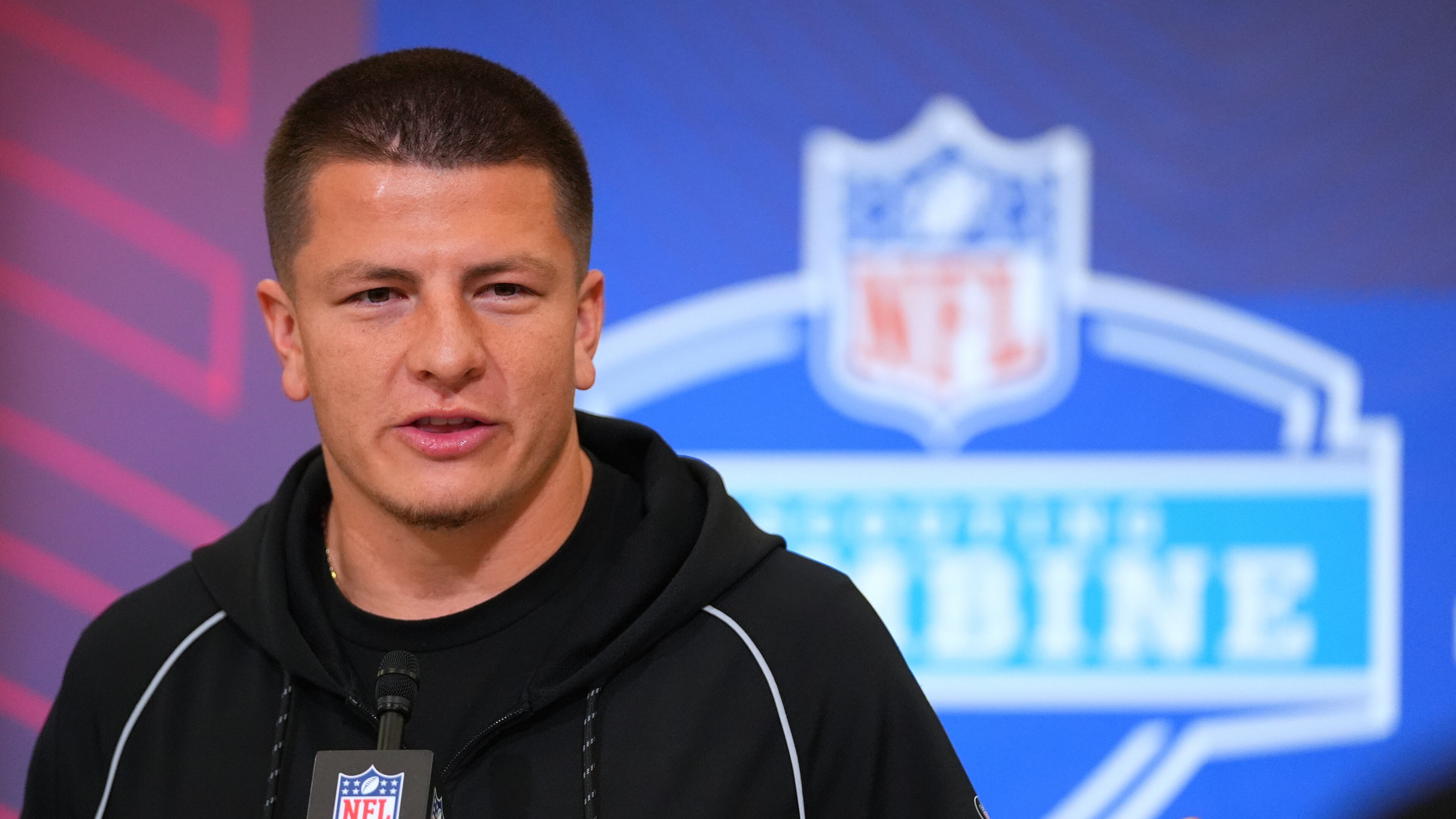 Vanderbilt quarterback Diego Pavia (14) speaks during a news conference at the NFL football scouting combine in Indianapolis, Friday, Feb. 27, 2026. (AP Photo/Julio Cortez)