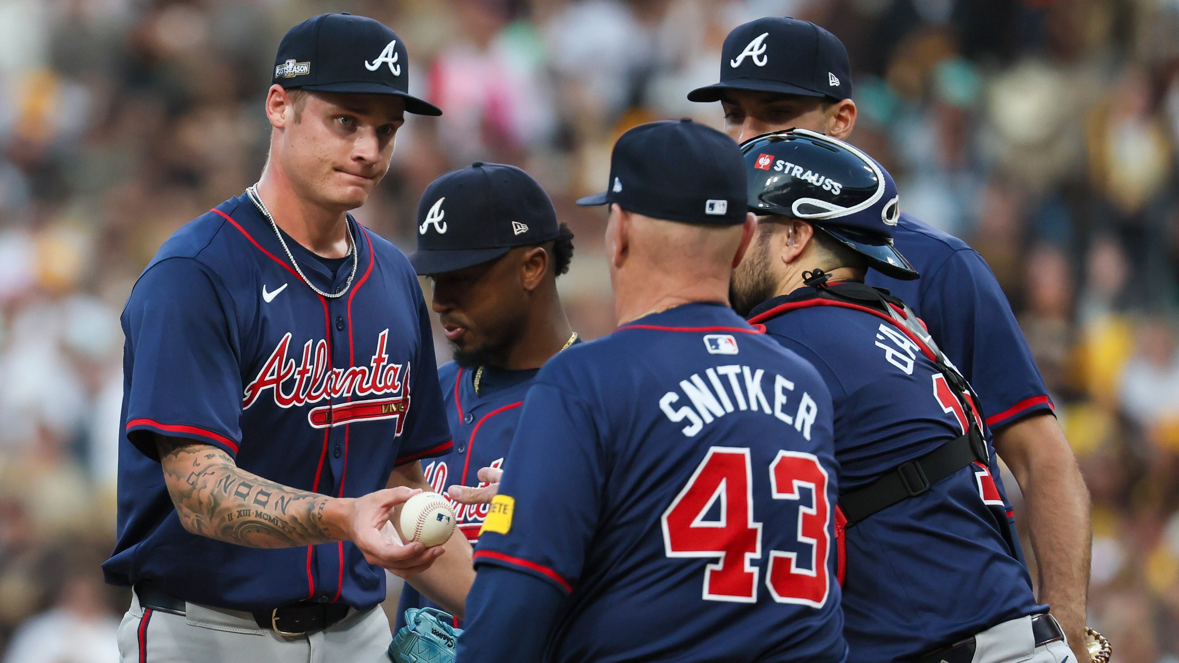 Atlanta Braves pitcher AJ Smith-Shawver is relieved during the second inning of National League Division Series Wild Card Game One against the San Diego Padres at Petco Park in San Diego on Tuesday, Oct. 1, 2024. (Jason Getz / Jason.Getz@ajc.com)