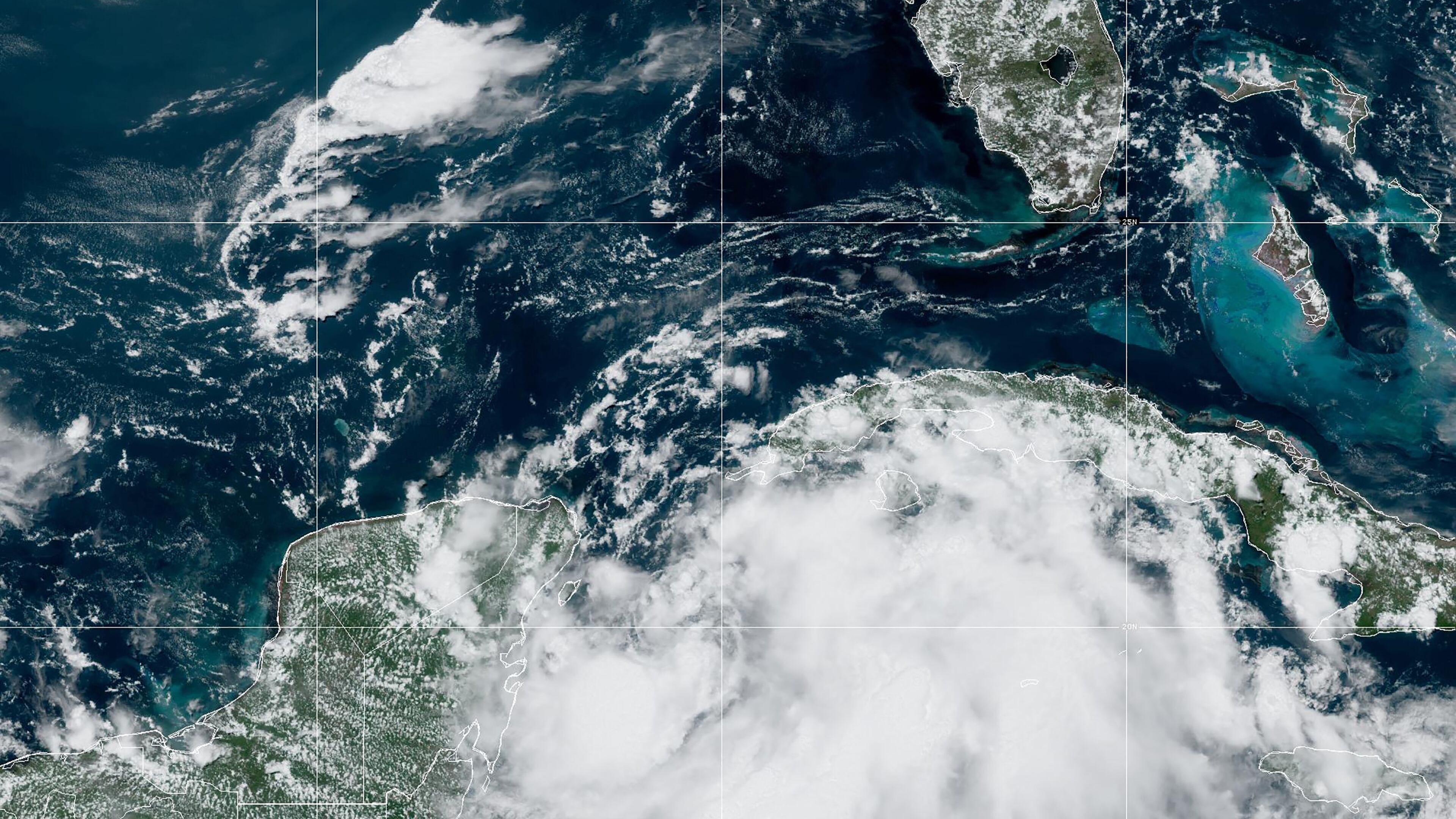 In an image provided by NOAA, a satellite image shows Tropical Storm Idalia on Sunday, Aug. 27, 2023. Florida and Georgia are bracing for Tropical Storm Idalia, which formed on Sunday and could strengthen to a hurricane in the next two to three days, forecasters said. (NOAA via The New York Times/TNS)