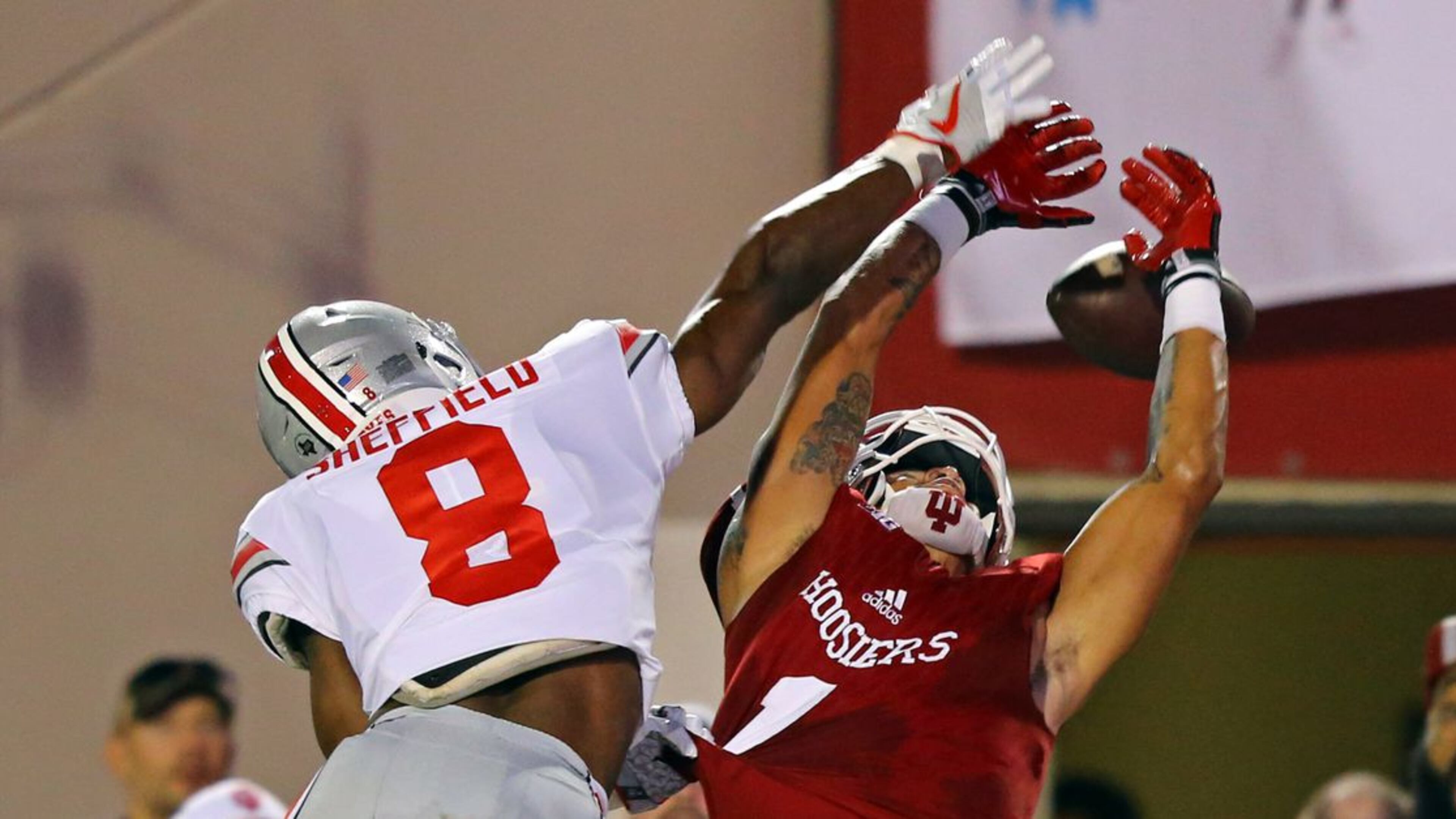 Ohio State cornerback Kendall Sheffield making a play against Indiana. (Associated Press)