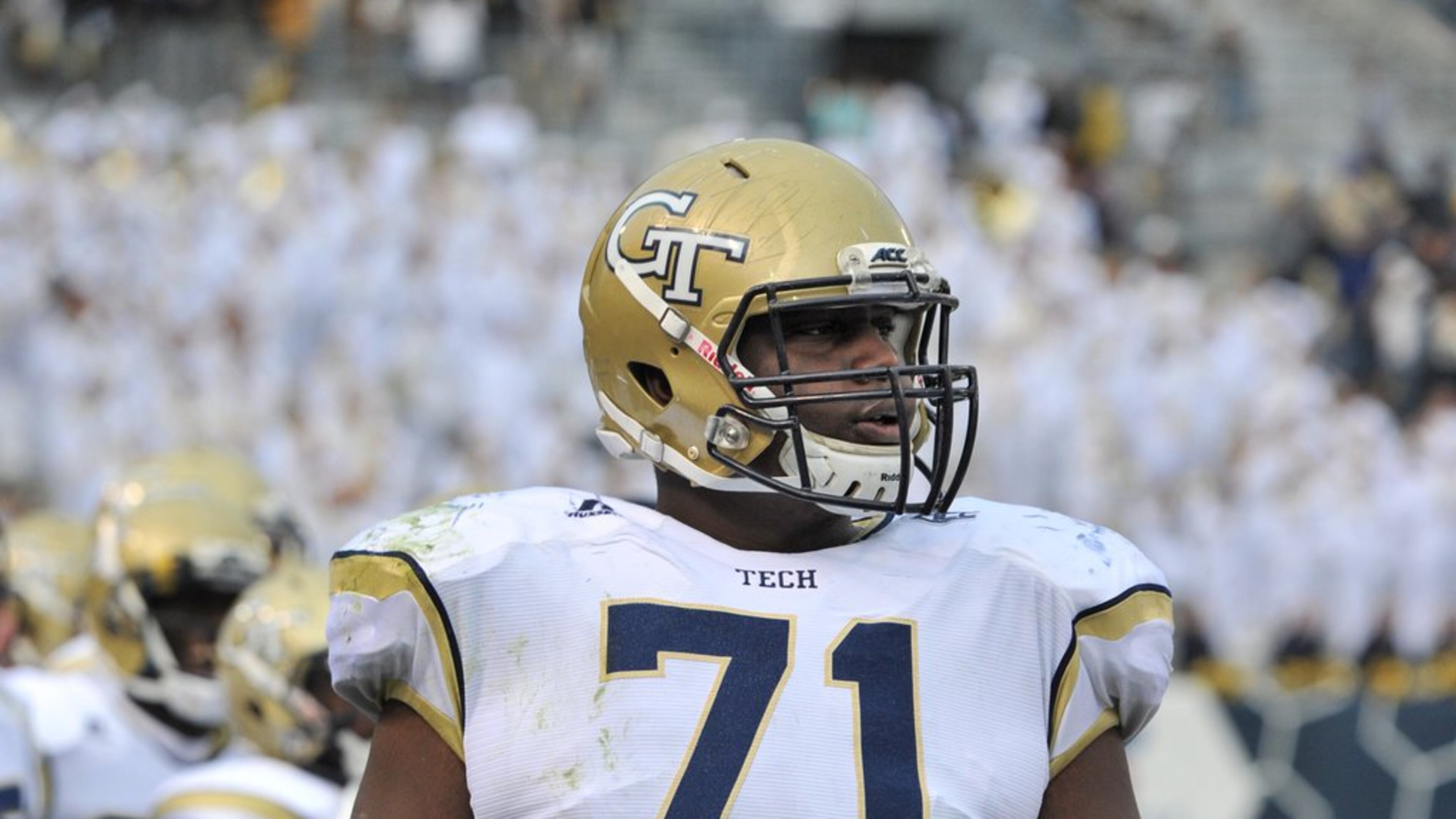 Georgia Tech Yellow Jackets offensive lineman Shamire Devine (71) watches from the sideline in the second half at Bobby Dodd Stadium on Saturday, November 1, 2014. Georgia Tech Yellow Jackets won 35-10 over the Virginia Cavaliers. HYOSUB SHIN / HSHIN@AJC.COM