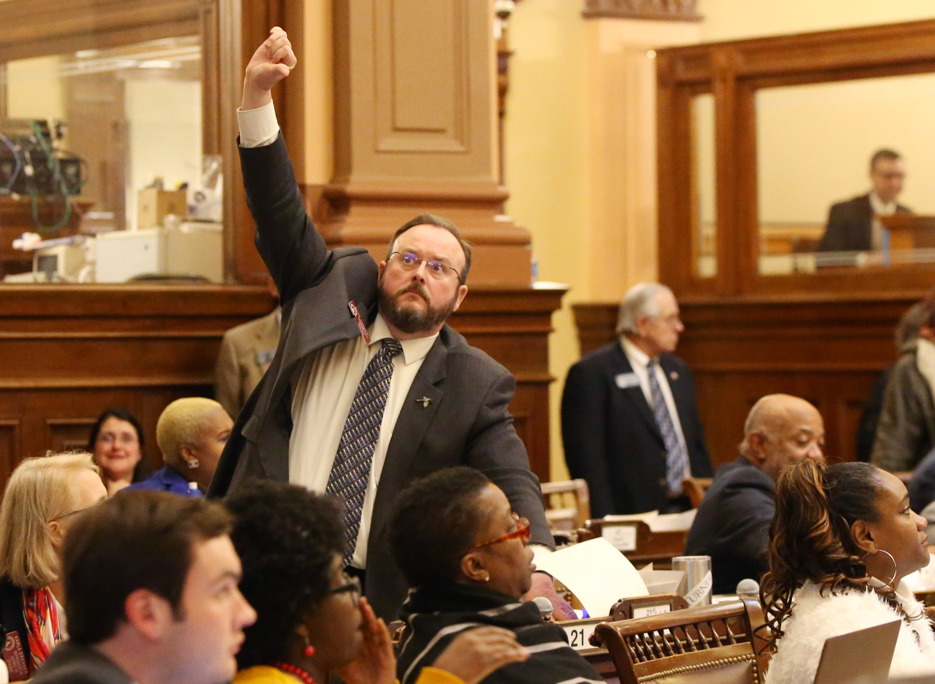 3/7/19 - Atlanta - Scot Turner, district 21, gives a thumbs down, when there is a motion to table HB 481, the "heartbeat" bill, at the Georgia State Capitol in Atlanta, Georgia on Thursday, March 7, 2019. HB 484 passed. Today was the 28th day of the General Assembly, "crossover" day. EMILY HANEY / emily.haney@ajc.com